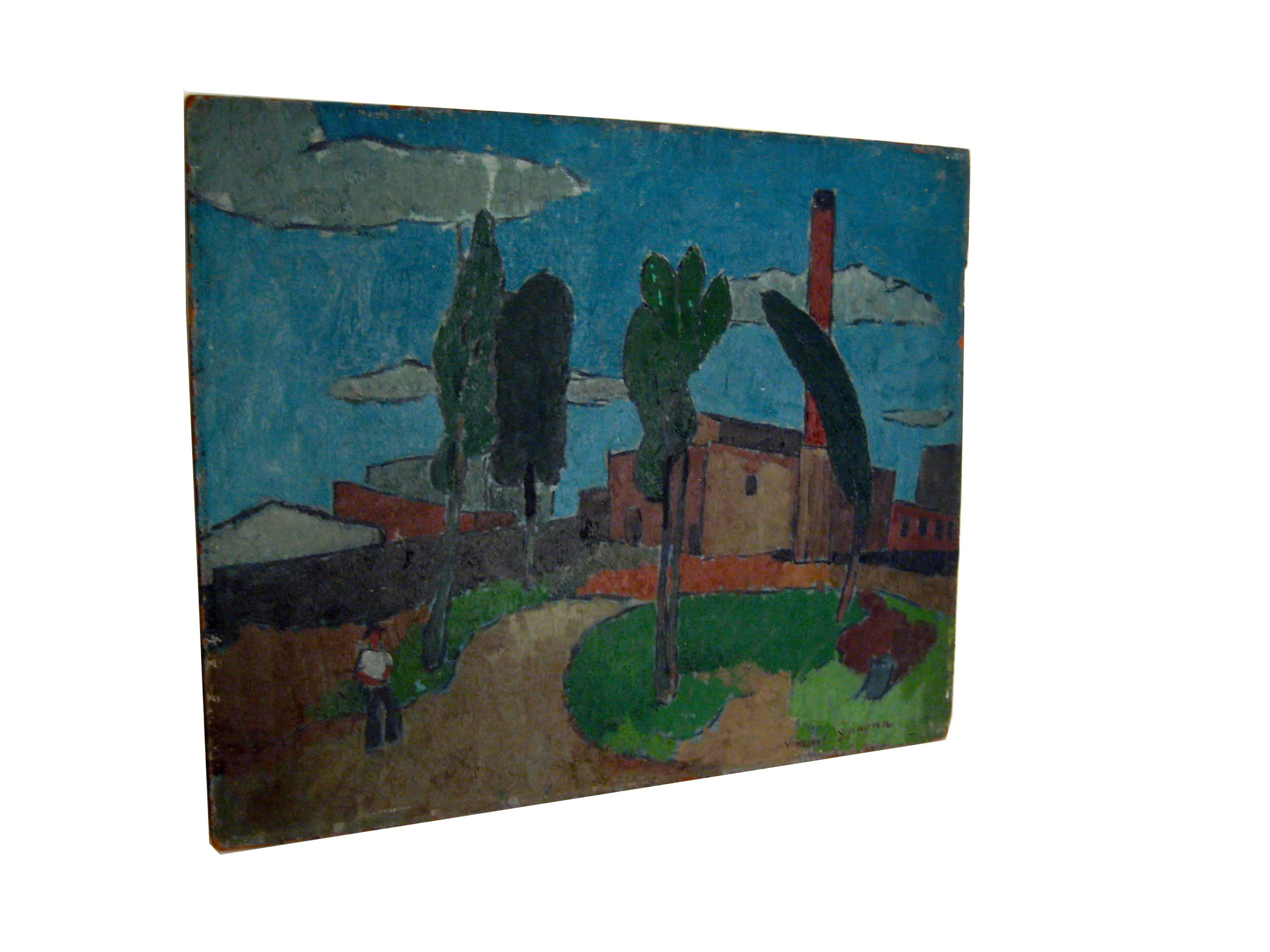 Modernist oil on masonite painting by Vincent Spagna (1898-?). circa 1940. Very good original condition. Some minor surface losses around the edge.