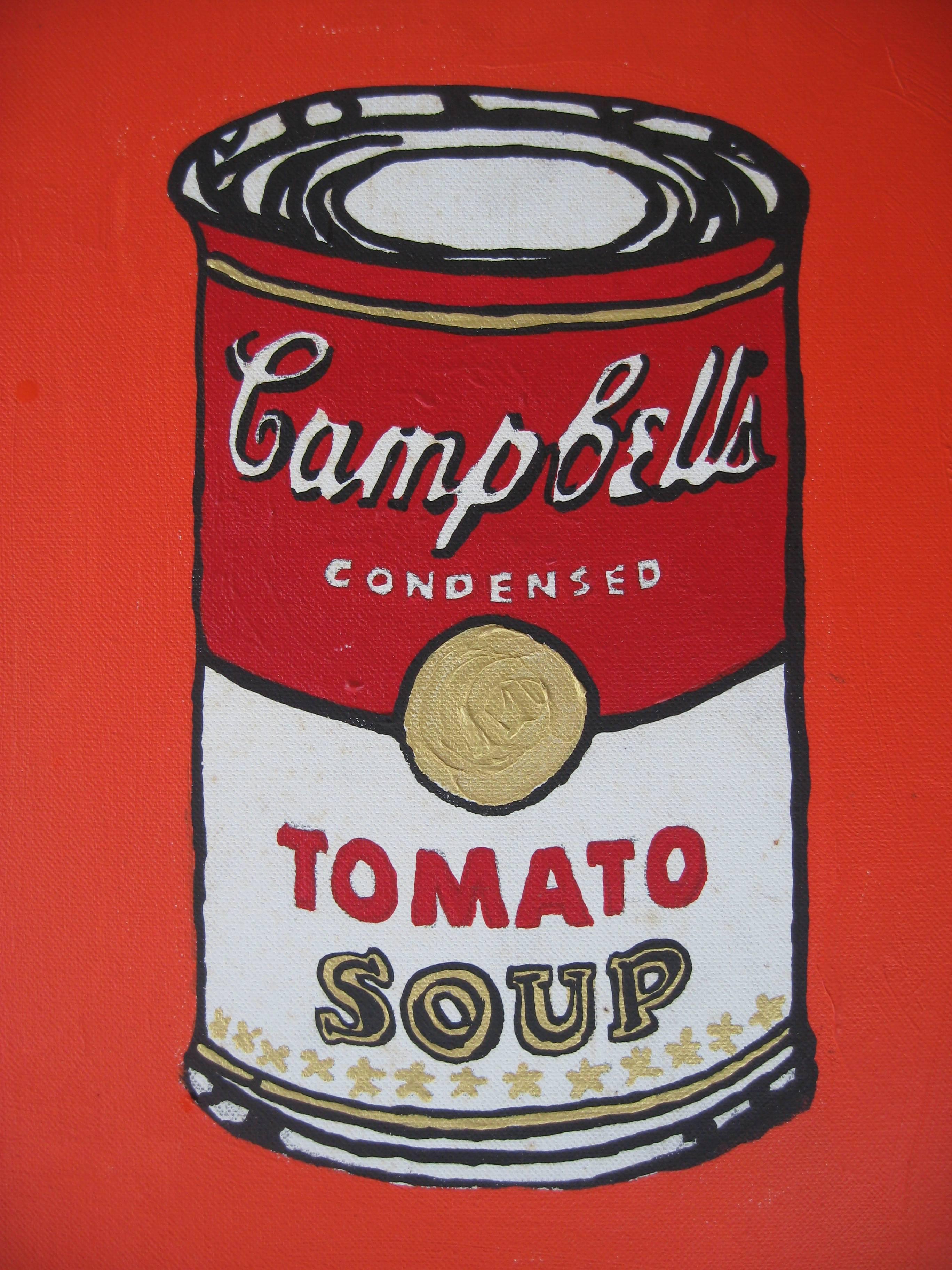 Homage to Andy Warhol's Campbell's Tomato Soup can painting by Ed Higgins. Acrylic paint on stretched canvas. 12