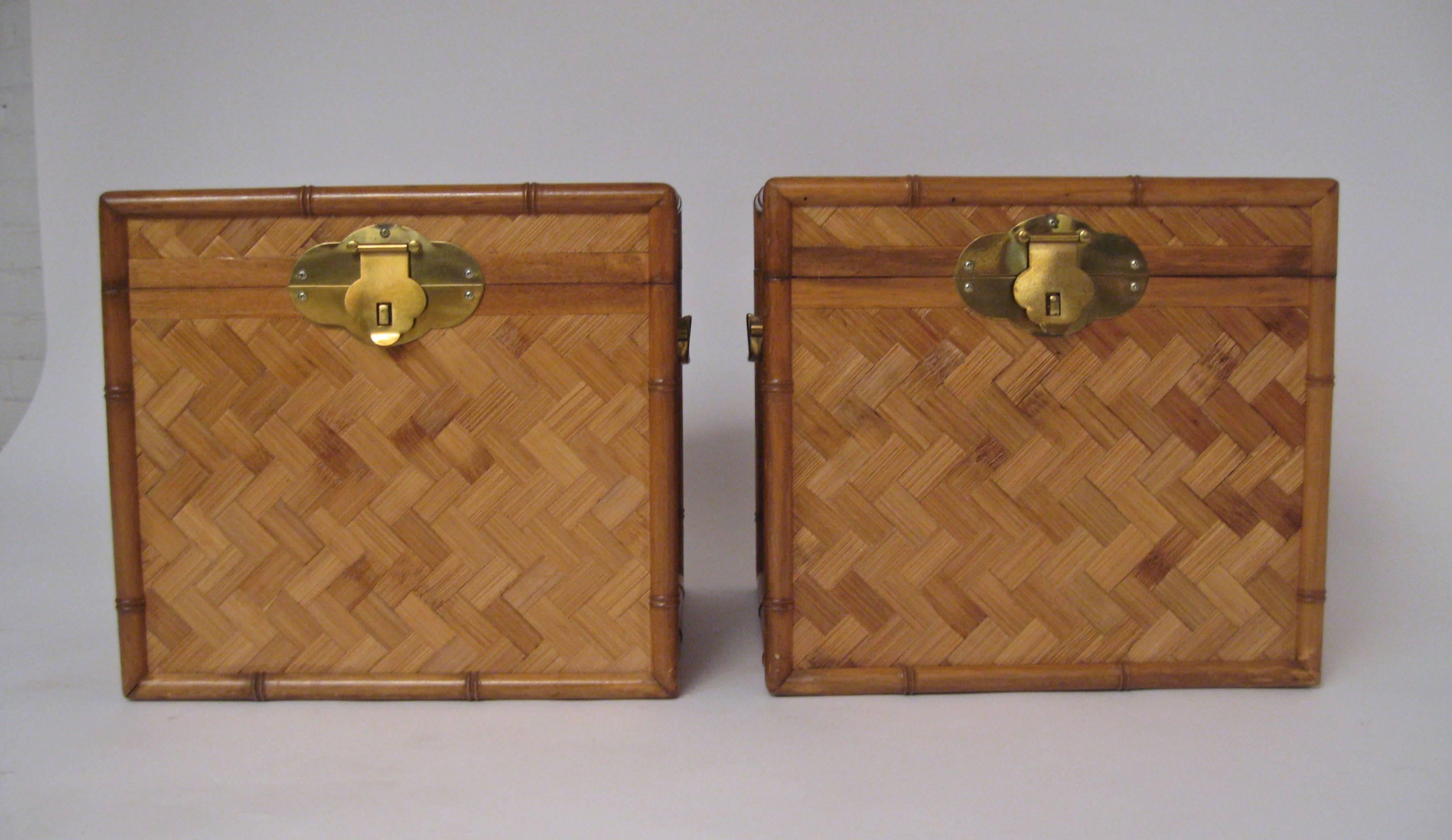 Post-Modern Split Bamboo and Brass Cube End Tables 