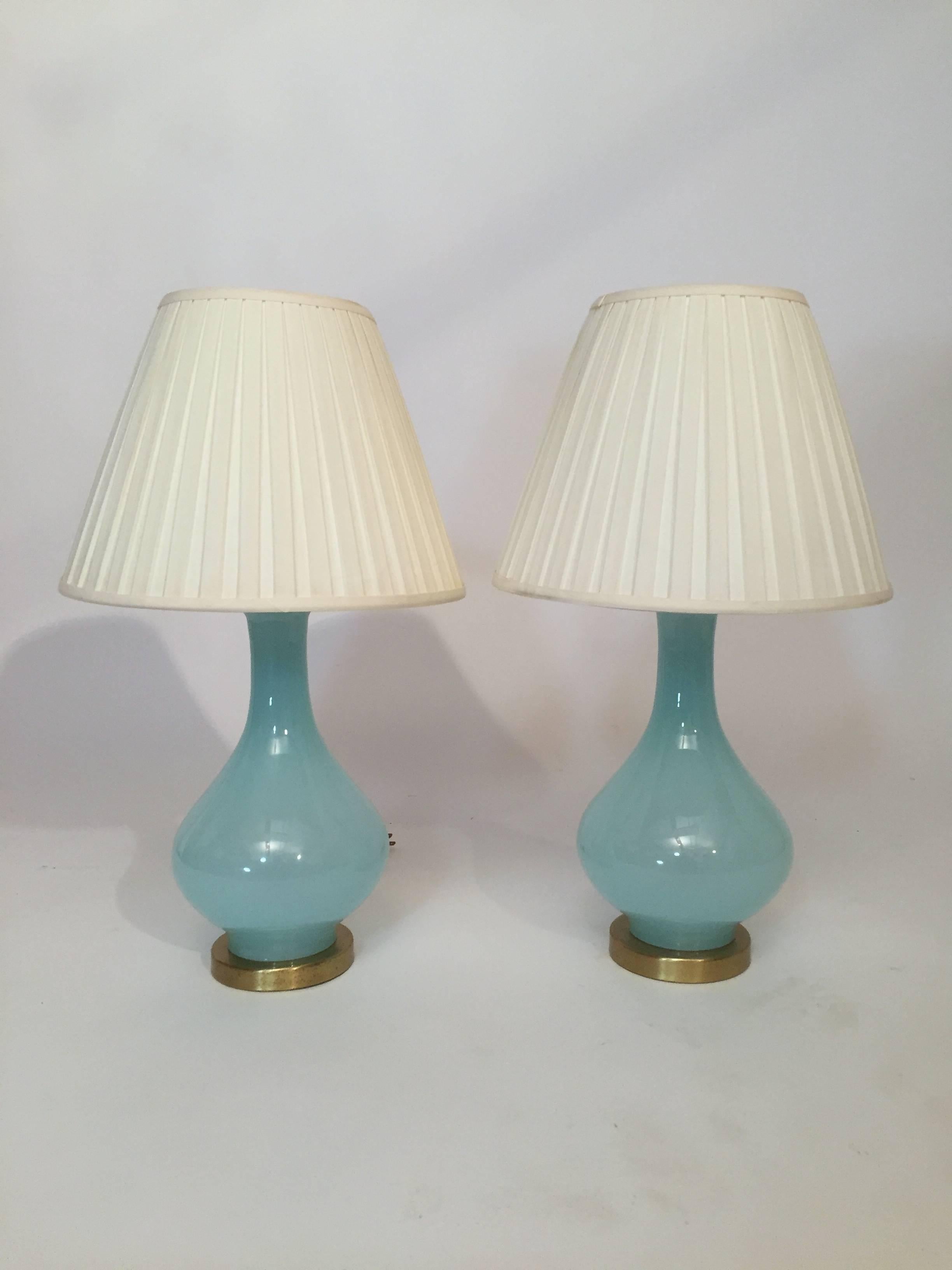 Pair of Blue Opaline Cenedese Murano Italy Table Lamps In Excellent Condition In Garnerville, NY