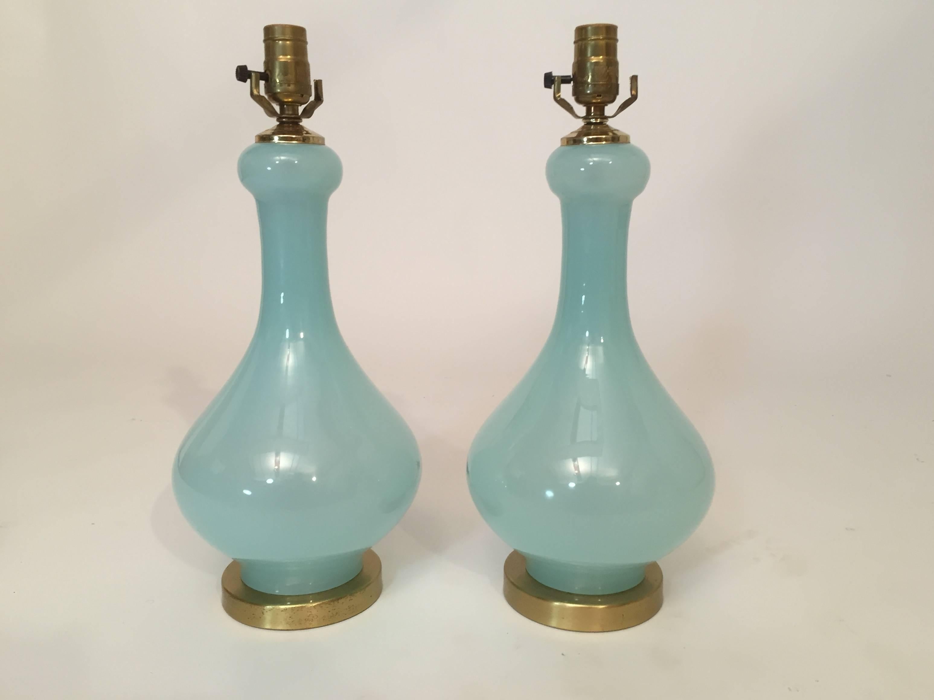 Mid-Century Modern Pair of Blue Opaline Cenedese Murano Italy Table Lamps