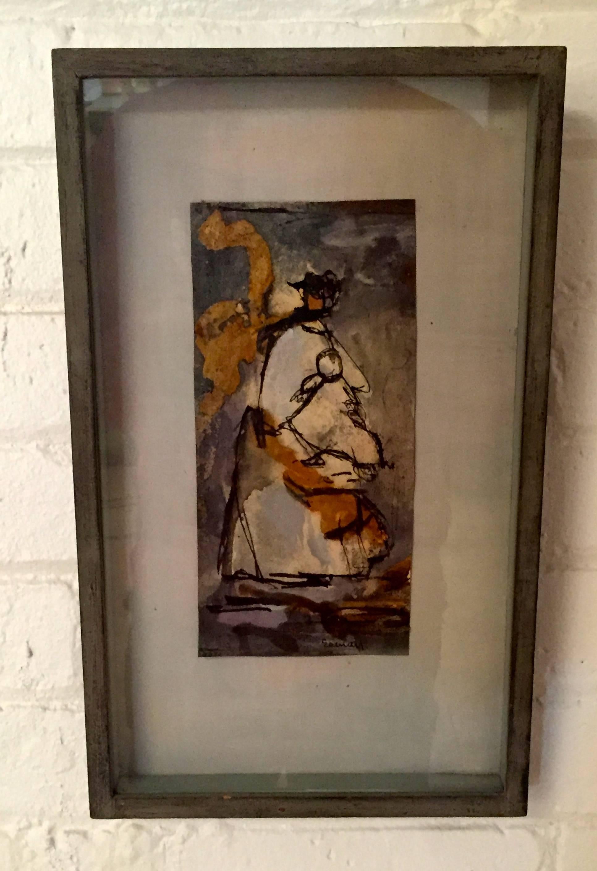 Listed artist Betty Esman watercolor entitled, Mother and Child, circa 1956. Skillfully rendered expressive modernist watercolor. Signed lower right, Esman and inscribed verso. Floated in a shadow box frame. 

Overall dimensions are 8.75