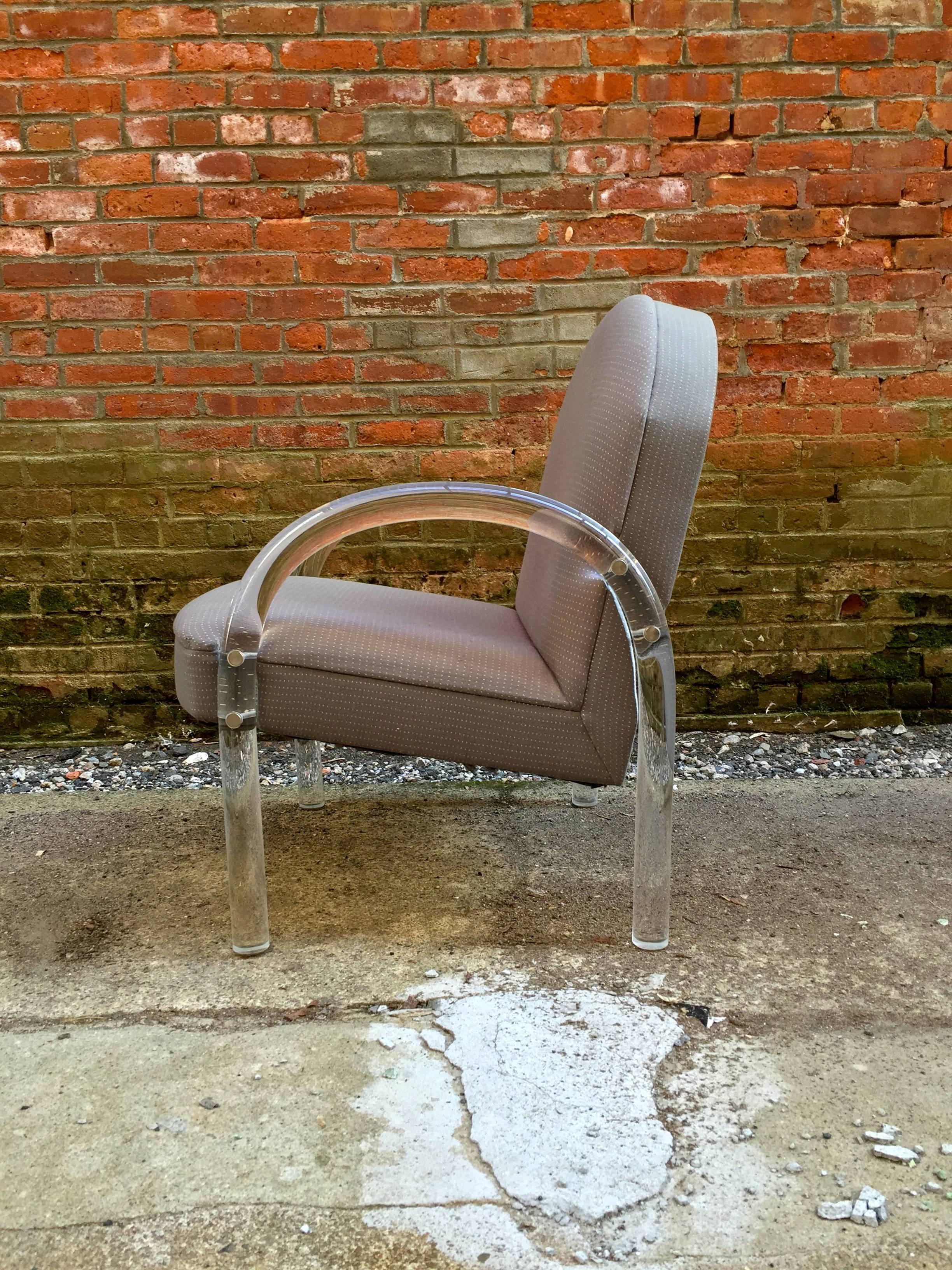 Upholstered seat supported by two bent acrylic rods. Signed with label, circa 1980. Original gray fabric.
