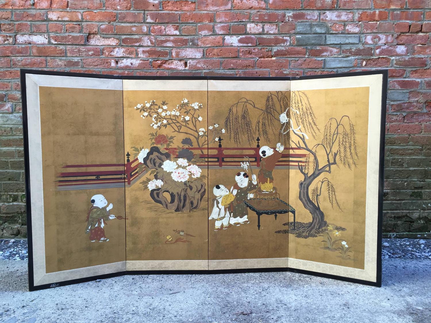 Gilded and Painted Japanese Folding Screen at 1stdibs