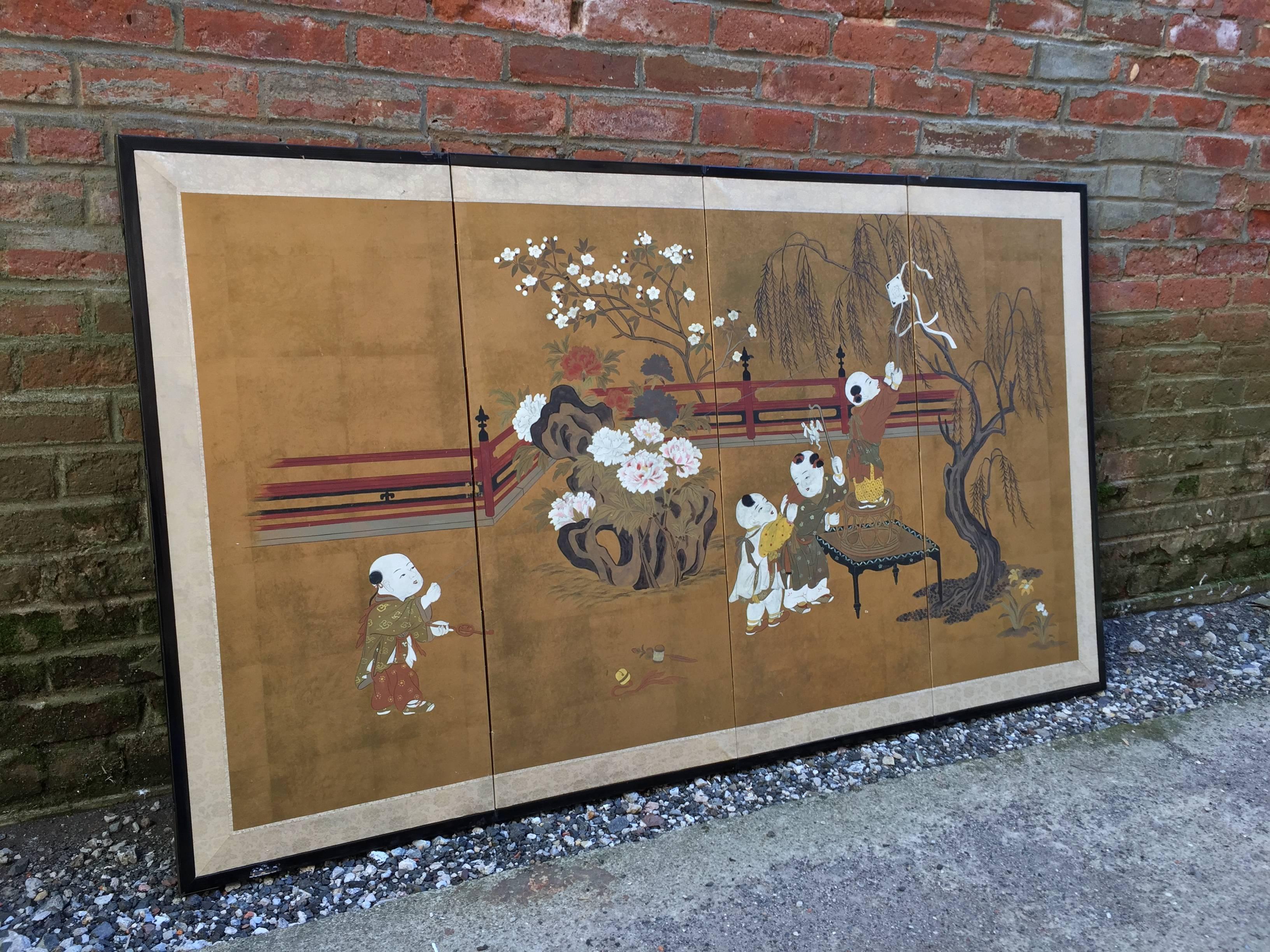 Japonisme Gilded and Painted Japanese Folding Screen