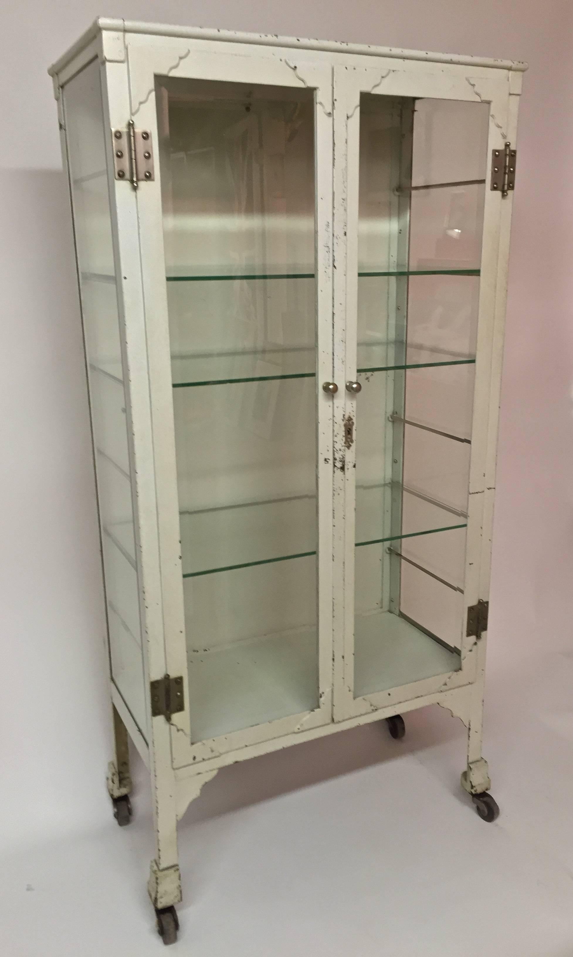 Industrial 1920s Steel and Bevel Glass Medical Cabinet