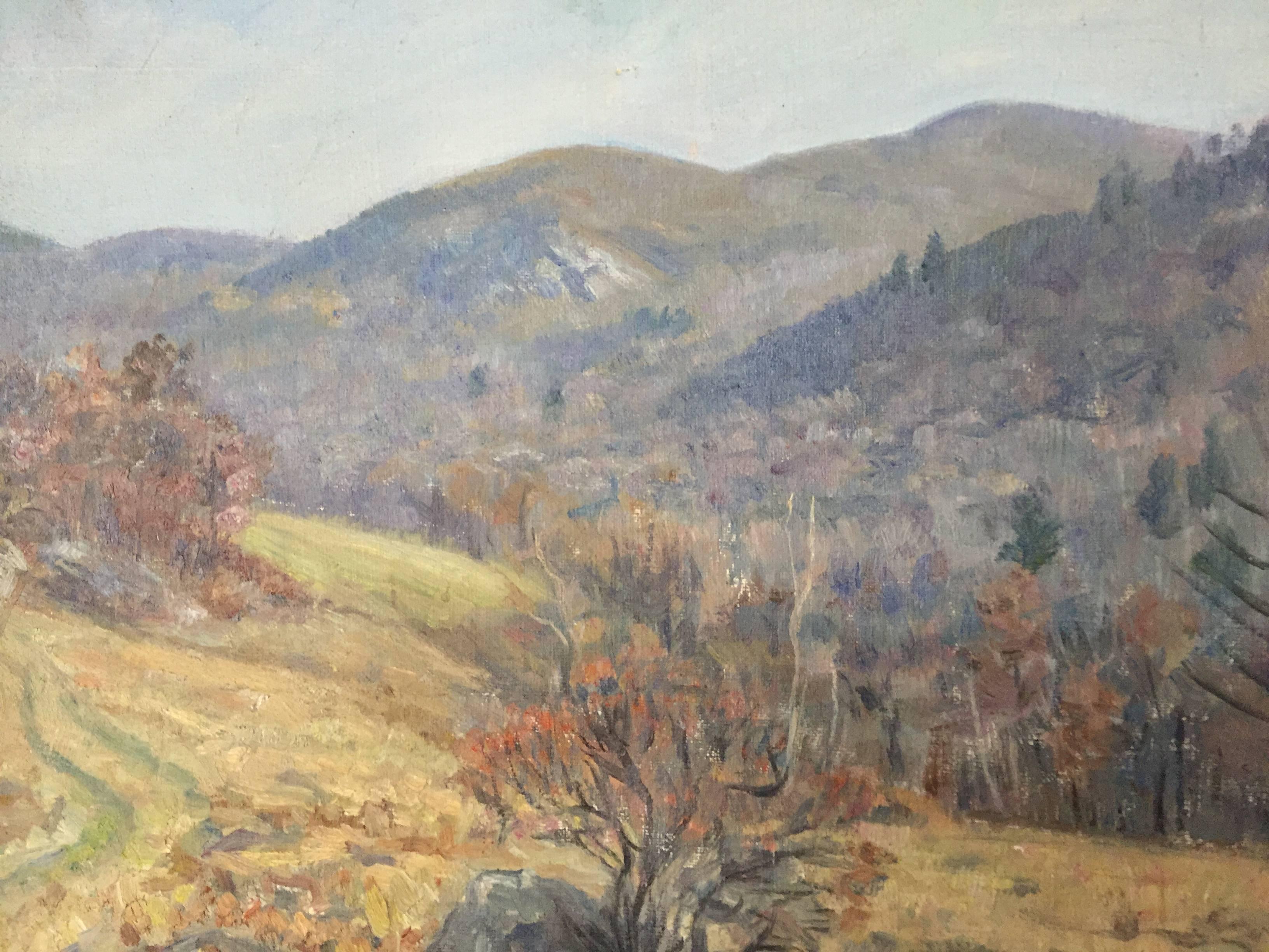 Wonderful oil on canvas entitled Morning, Fishkill Mountain by Louis Mayer. Signed lower right, Louis Mayer (1869-1969). The canvas measures 19