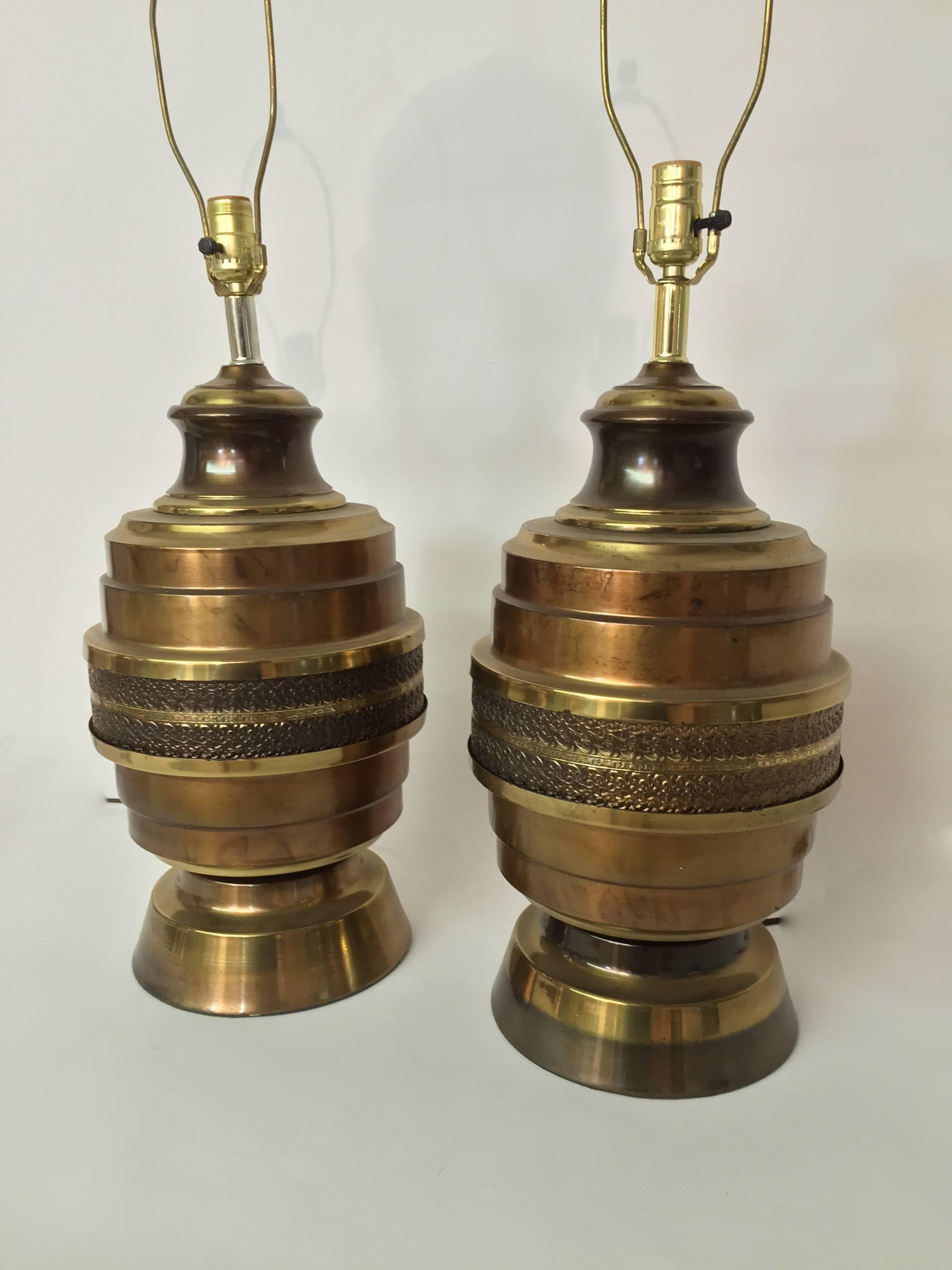 American Pair of Copper and Brass Finish Floral Repousse Lamps