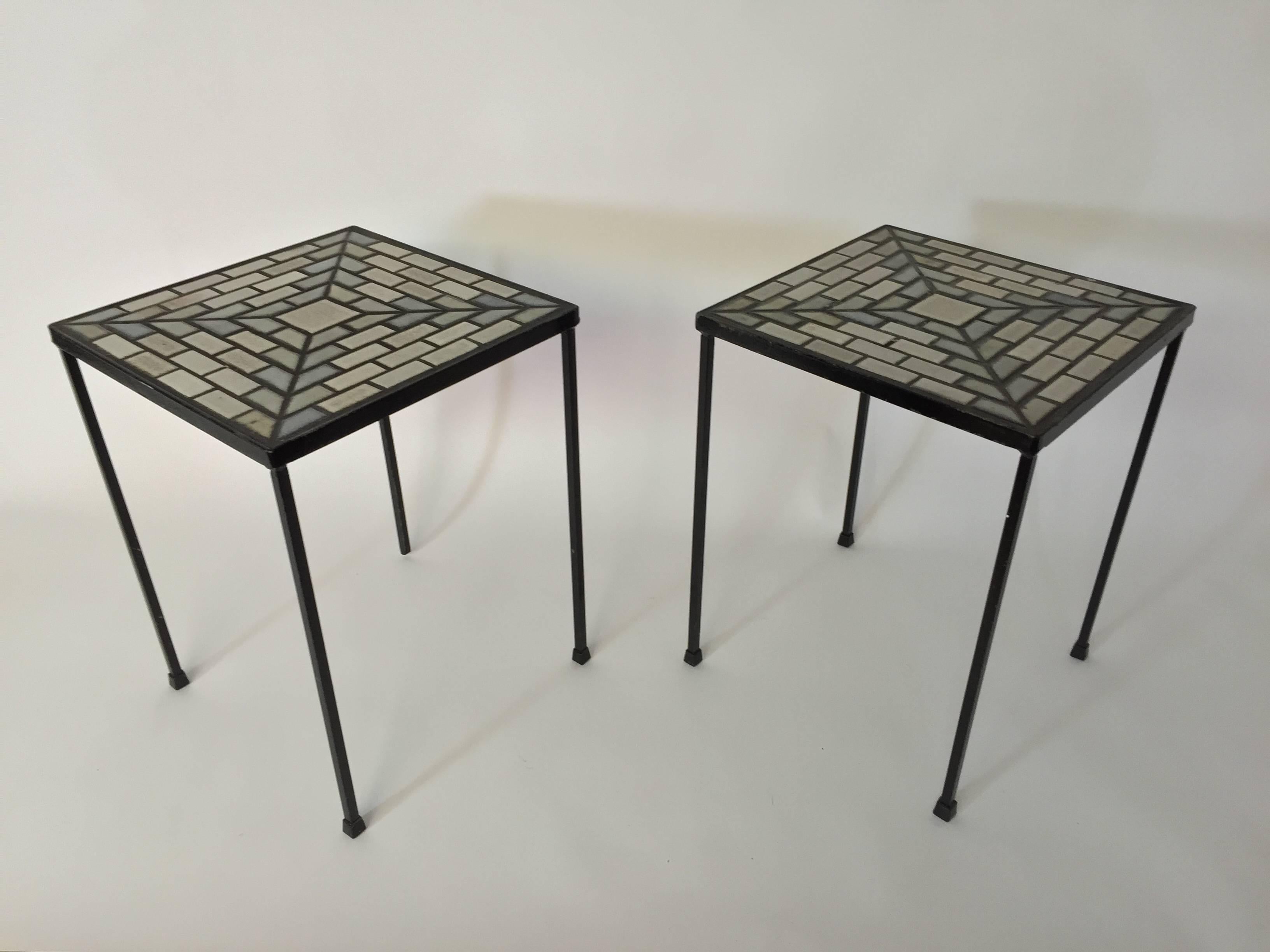 American Pair of Iron and Tile Top End Tables in the Style of Martz
