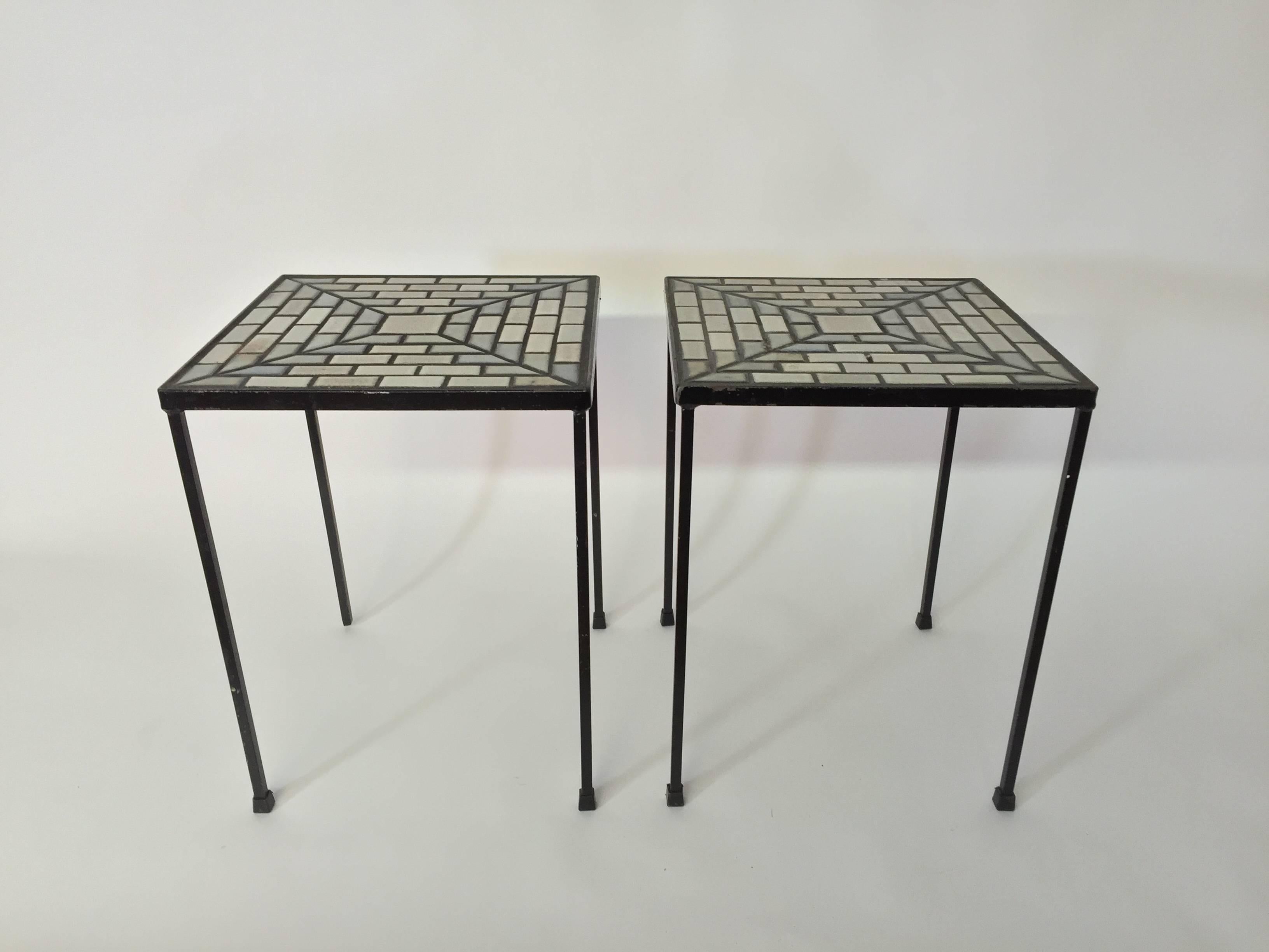 Mosaic Pair of Iron and Tile Top End Tables in the Style of Martz