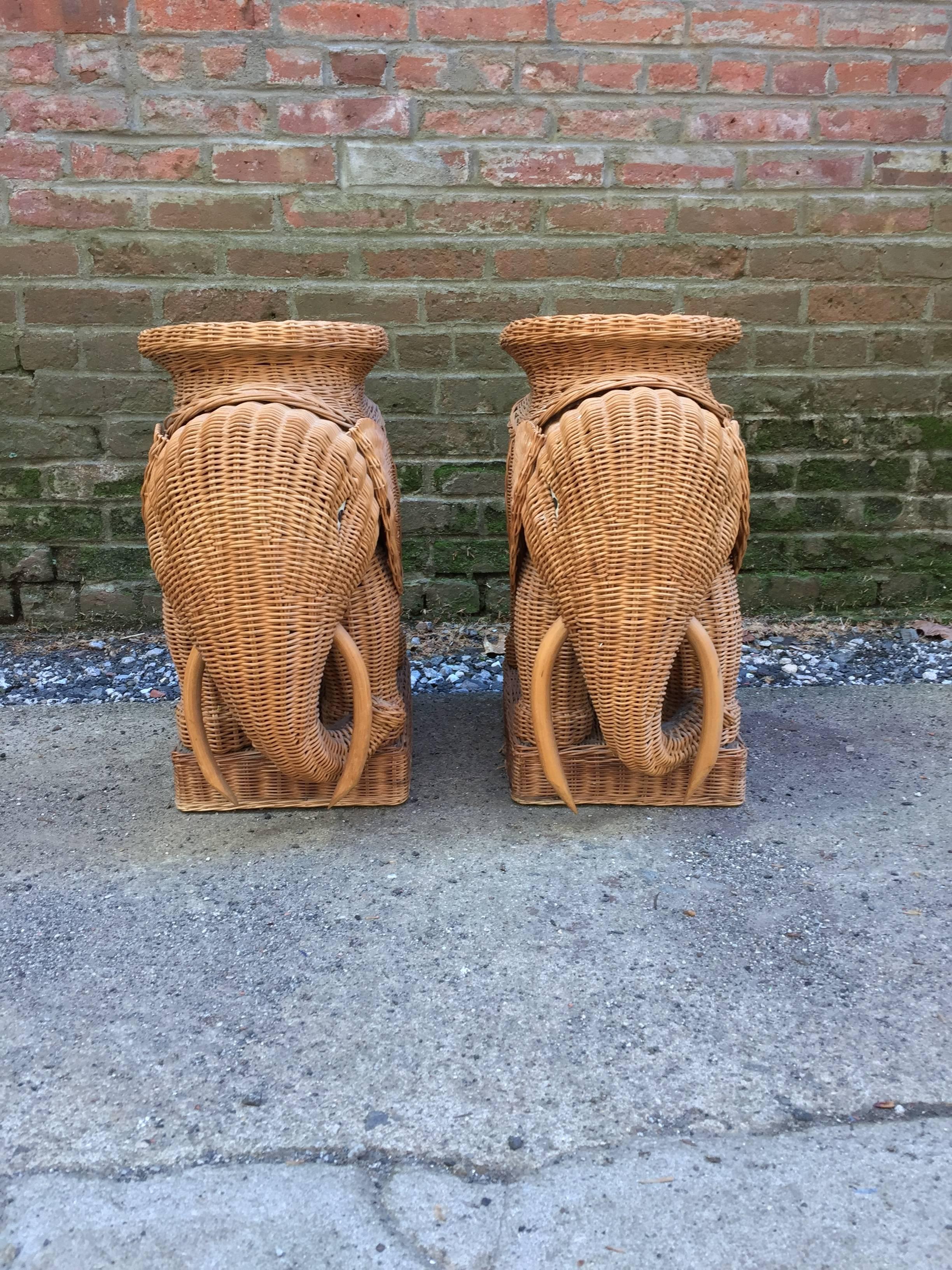 Post-Modern Pair of Wicker and Bamboo Garden Stool Elephants