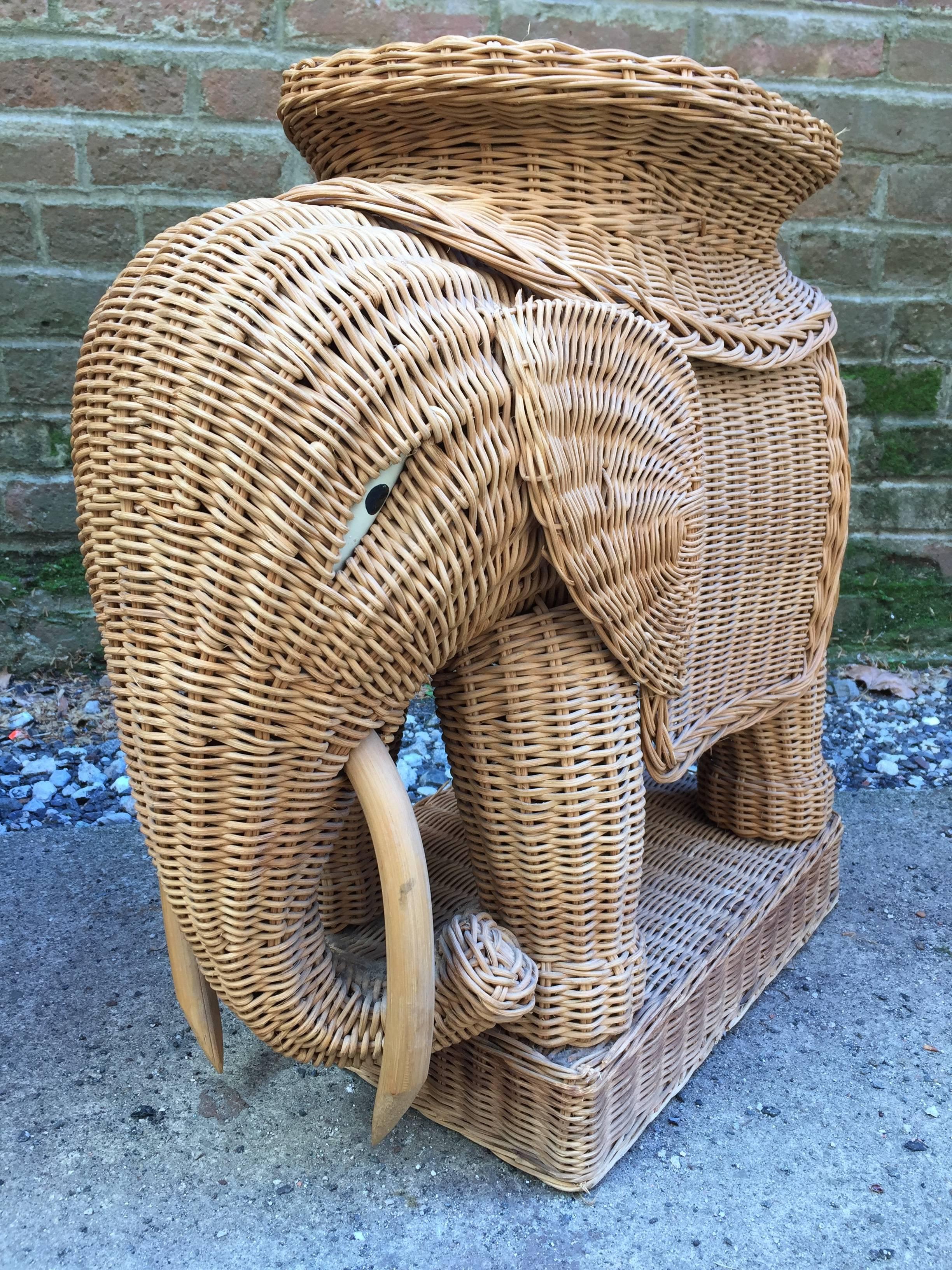 Woven Pair of Wicker and Bamboo Garden Stool Elephants