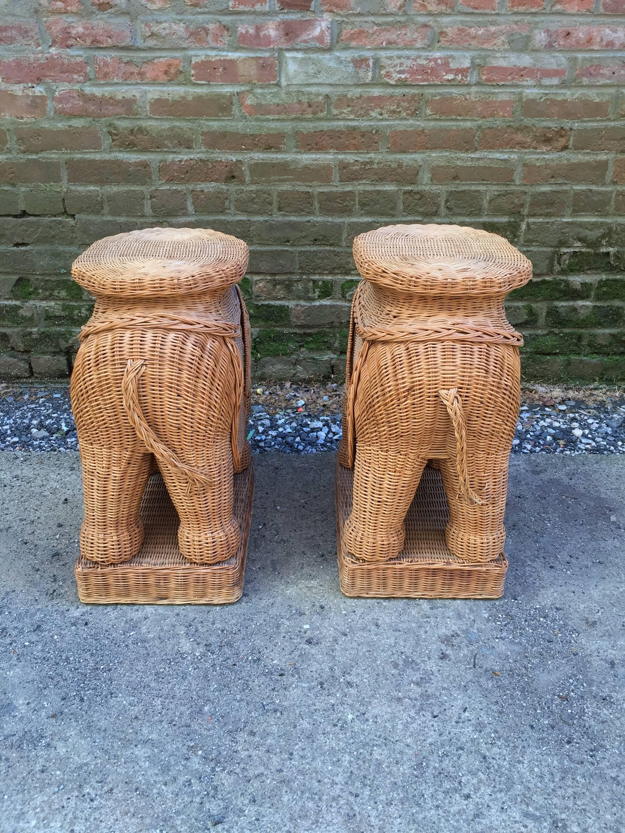Indian Pair of Wicker and Bamboo Garden Stool Elephants