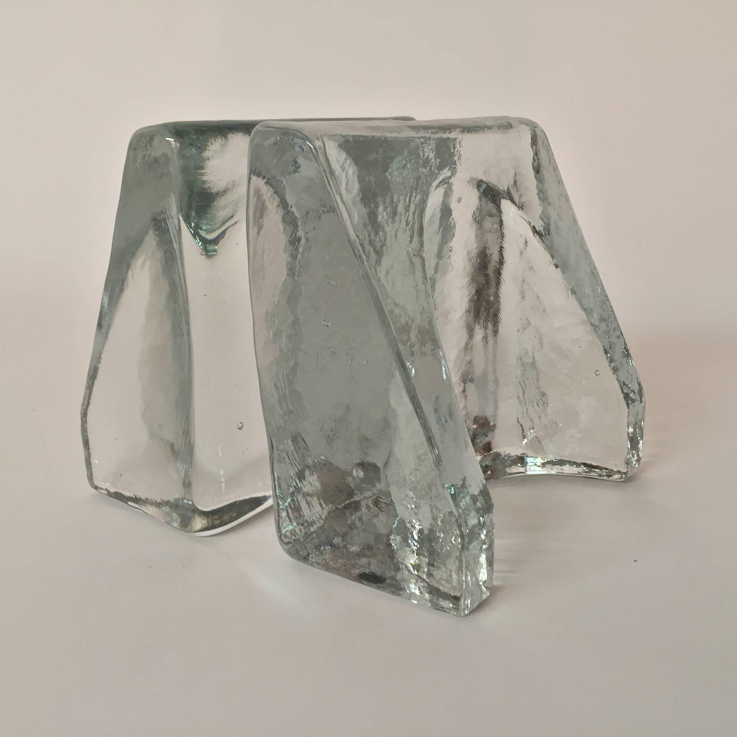 Fine pair of sculptural Blenko Handcraft wedge shaped clear glass bookends. Missing the silver foil label, but definitely Blenko. Excellent, original condition.
