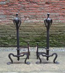 Massive Gothic Revival Andirons and Fireplace Tools