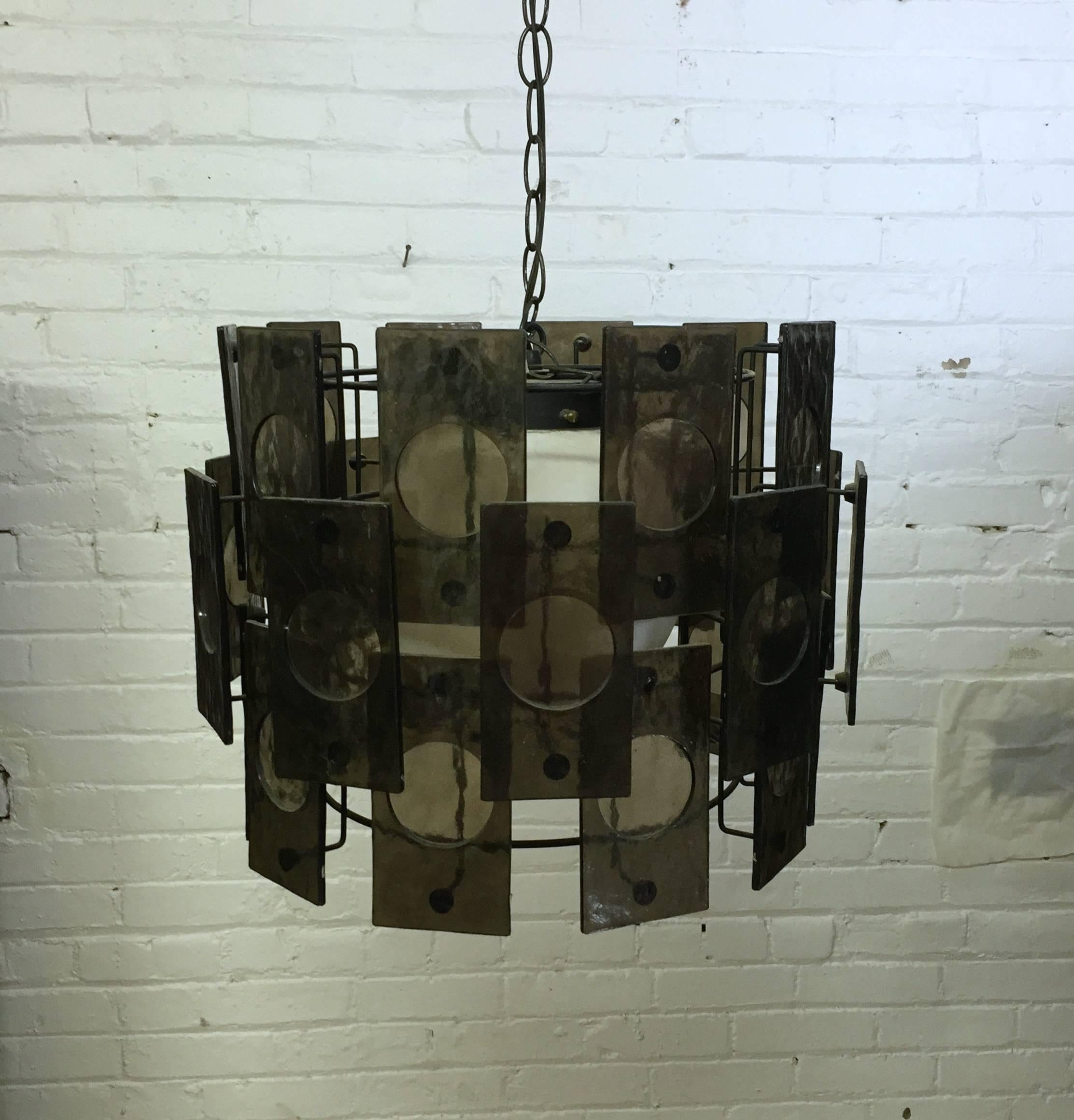 Mid-Century Modern Smoke Panel Tiered Swag Pendant Lamp In Good Condition In Garnerville, NY