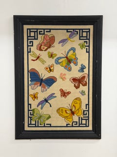 Asian Inspired Butterfly and Dragonfly Needlepoint Tapestry, Hand-Woven, 1970s