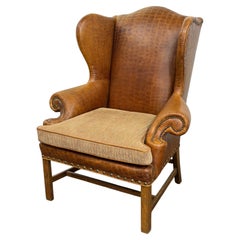 Embossed Crocodile Cognac Leather Wing Back Chair by Davis and Shaw