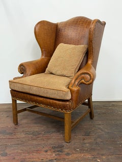 Embossed Crocodile Cognac Leather Wing Back Chair by Davis and Shaw