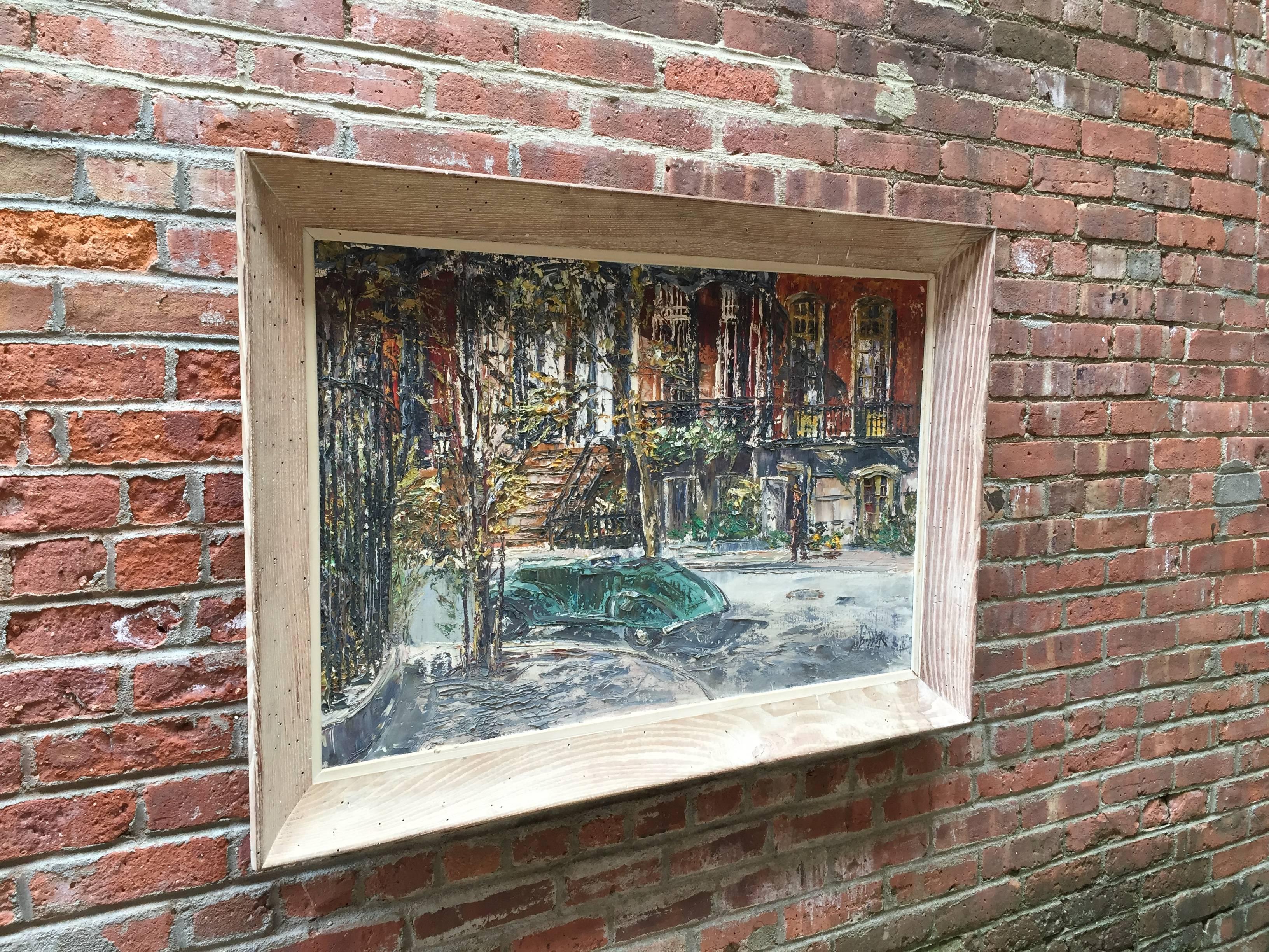 Amazing painterly rendering of Gramercy Park. The tumult of street noise is quieted by Bocek's work. Signed lower right, Geo Bocek. The medium is oil on canvas and it is framed in a distressed oak molding with a white fillet.

Bocek uses the