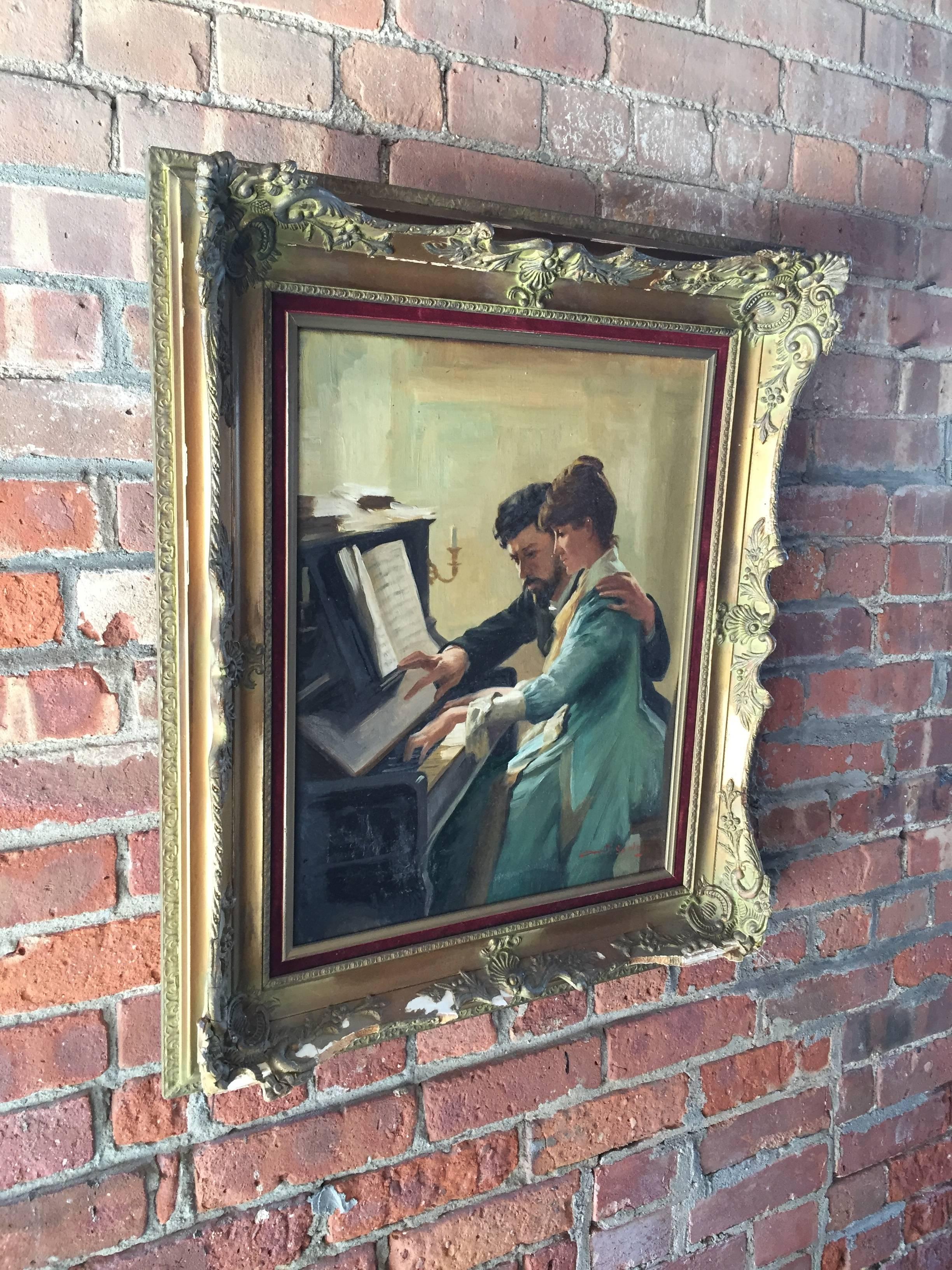 Wonderful rendition of piano teacher with student. Late Victorian style and dress. Signed, Ant Godoy lower right. Gilded and gesso frame has losses (see photos). Oil paint on canvas. Believed to be Mexican in origin.

Overall measurements with