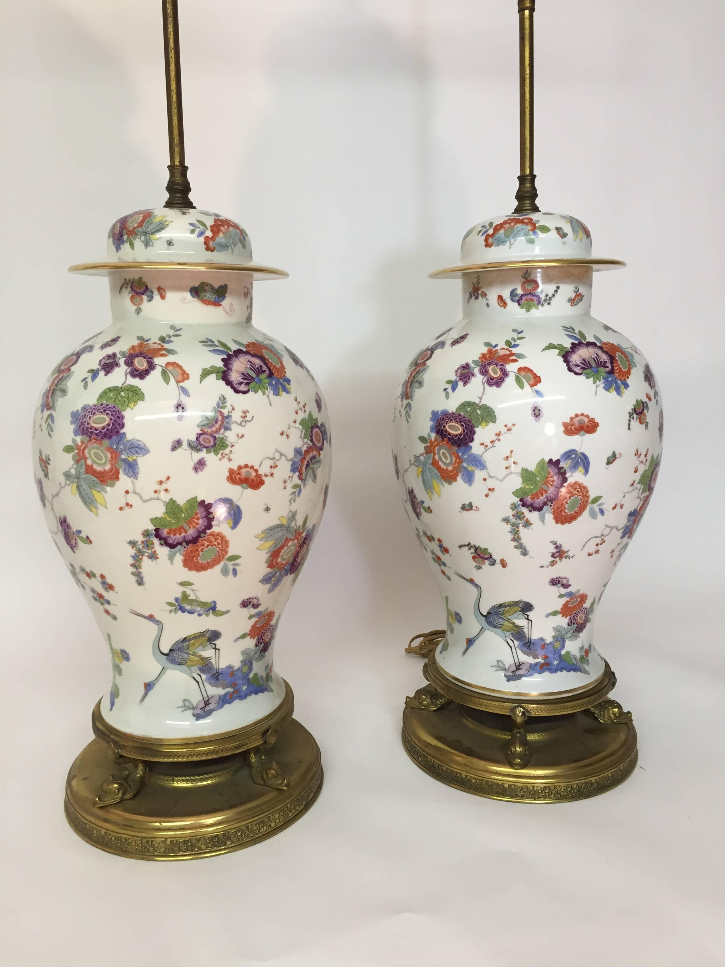 Wonderfully decorated transferware porcelain lamps. Fully signed on the underside, Thomas, Germany, US Zone, 3526, 28, Ardalt, No. 7051, Germany, United States Zone. These are post war and exceptional quality. They were brought back to the U.S. by a