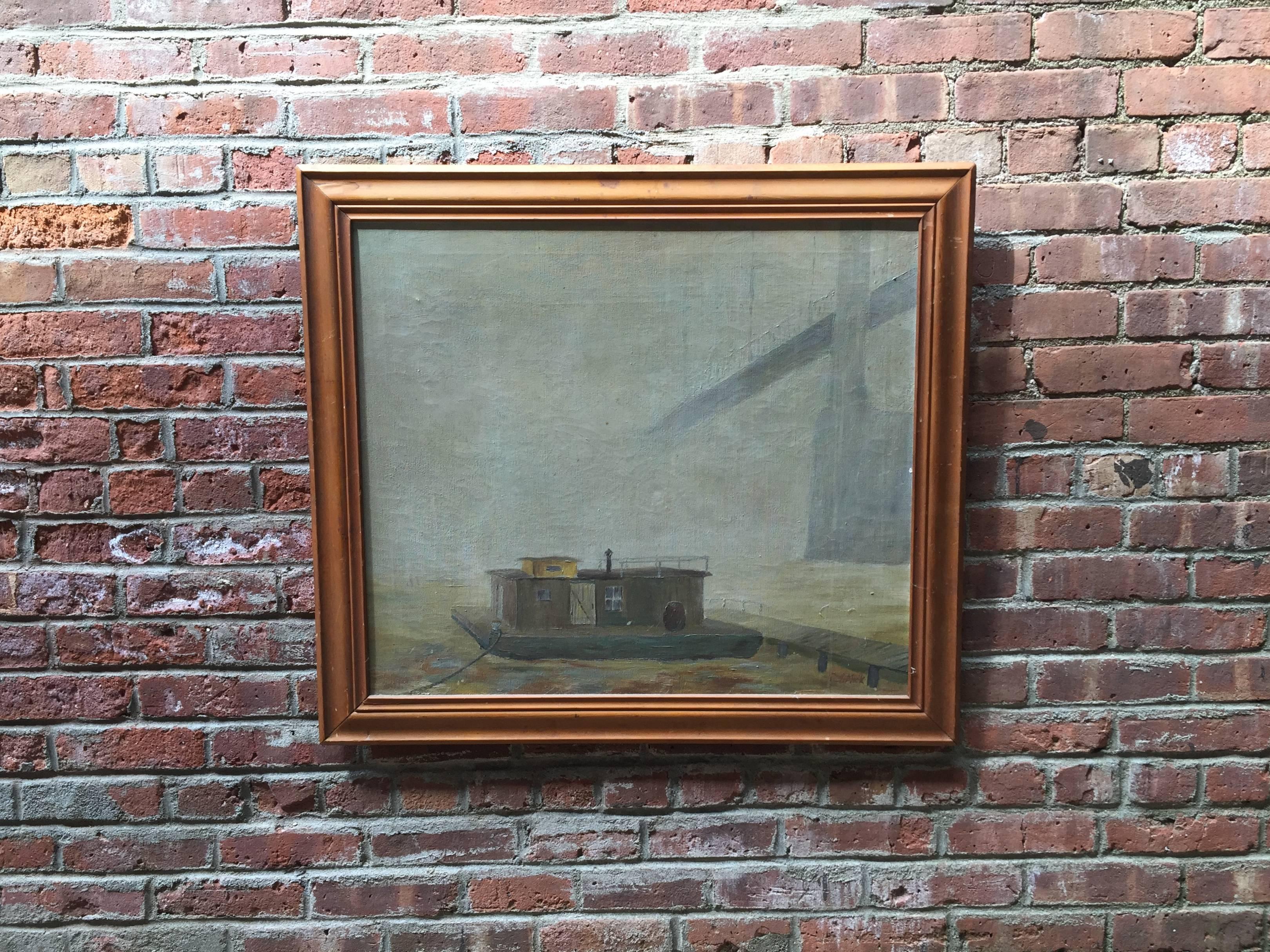 Oil painting on canvas of a river scene depicting a docked boathouse with a bridge lost in the fog in the background. Signed lower right, Mick (?) and verso on the frame. There appears to be two initials preceding the last name, but they are