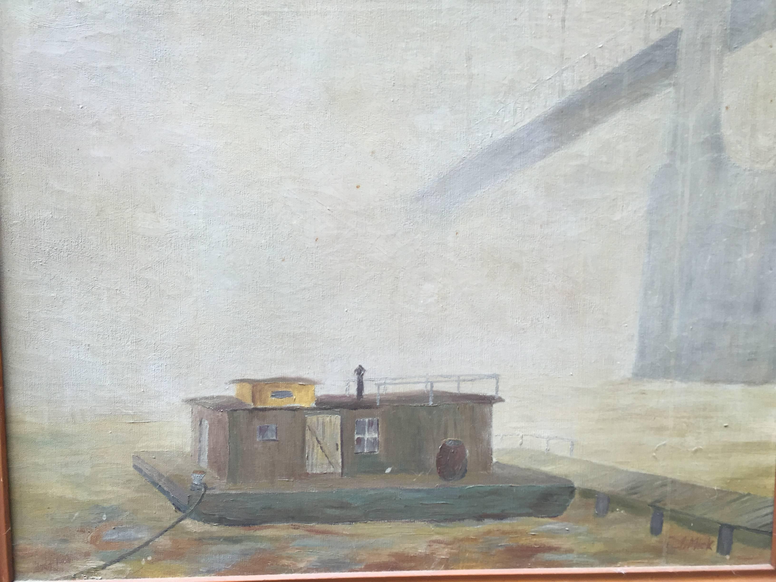 Ashcan Style Foggy River Boat Painting In Good Condition In Garnerville, NY