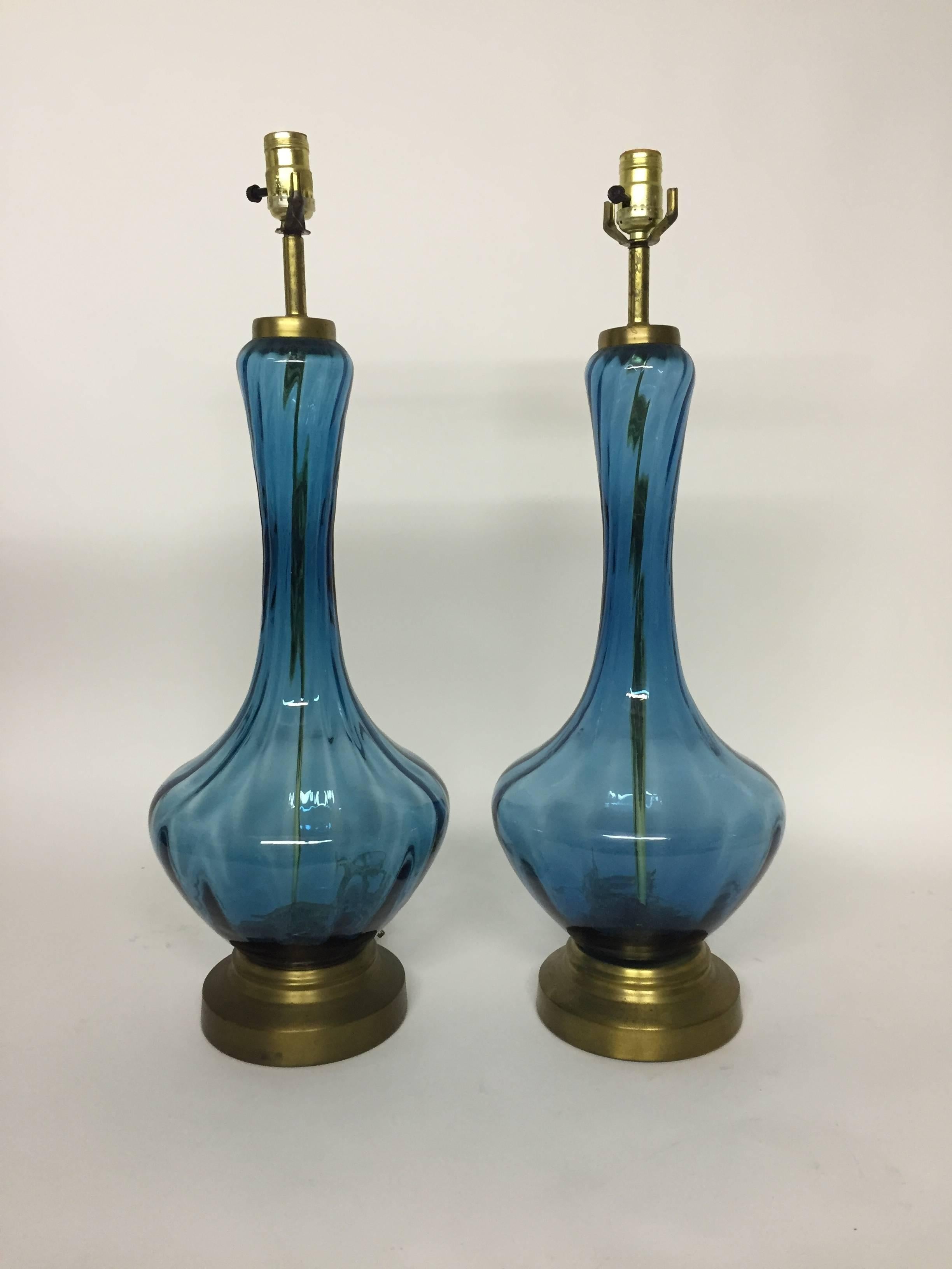 Mid-Century Modern Blue Glass Table Lamps In Excellent Condition In Garnerville, NY