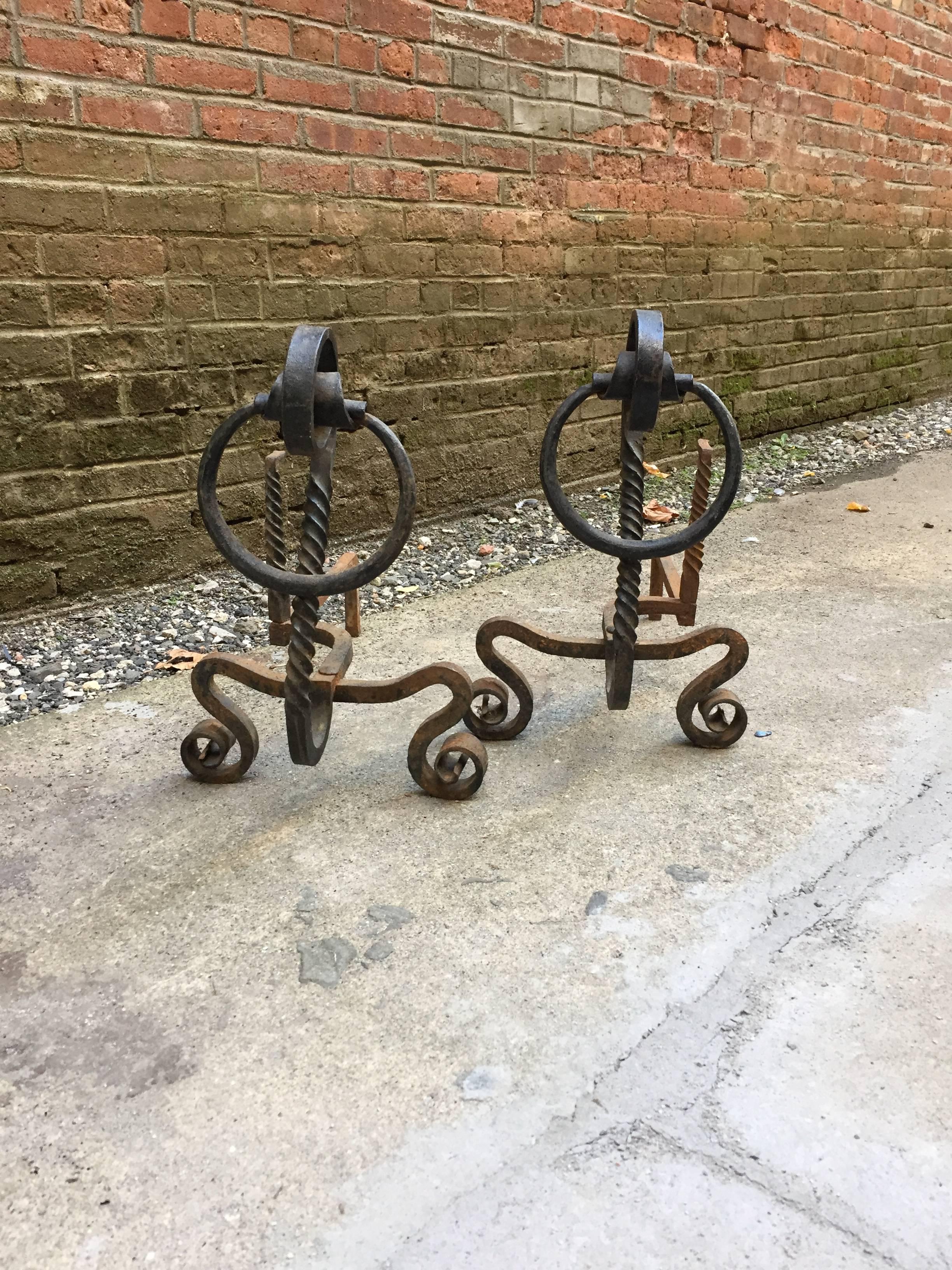 Victorian Pair of Early American Serpentine Scrolled and Twisted Andirons