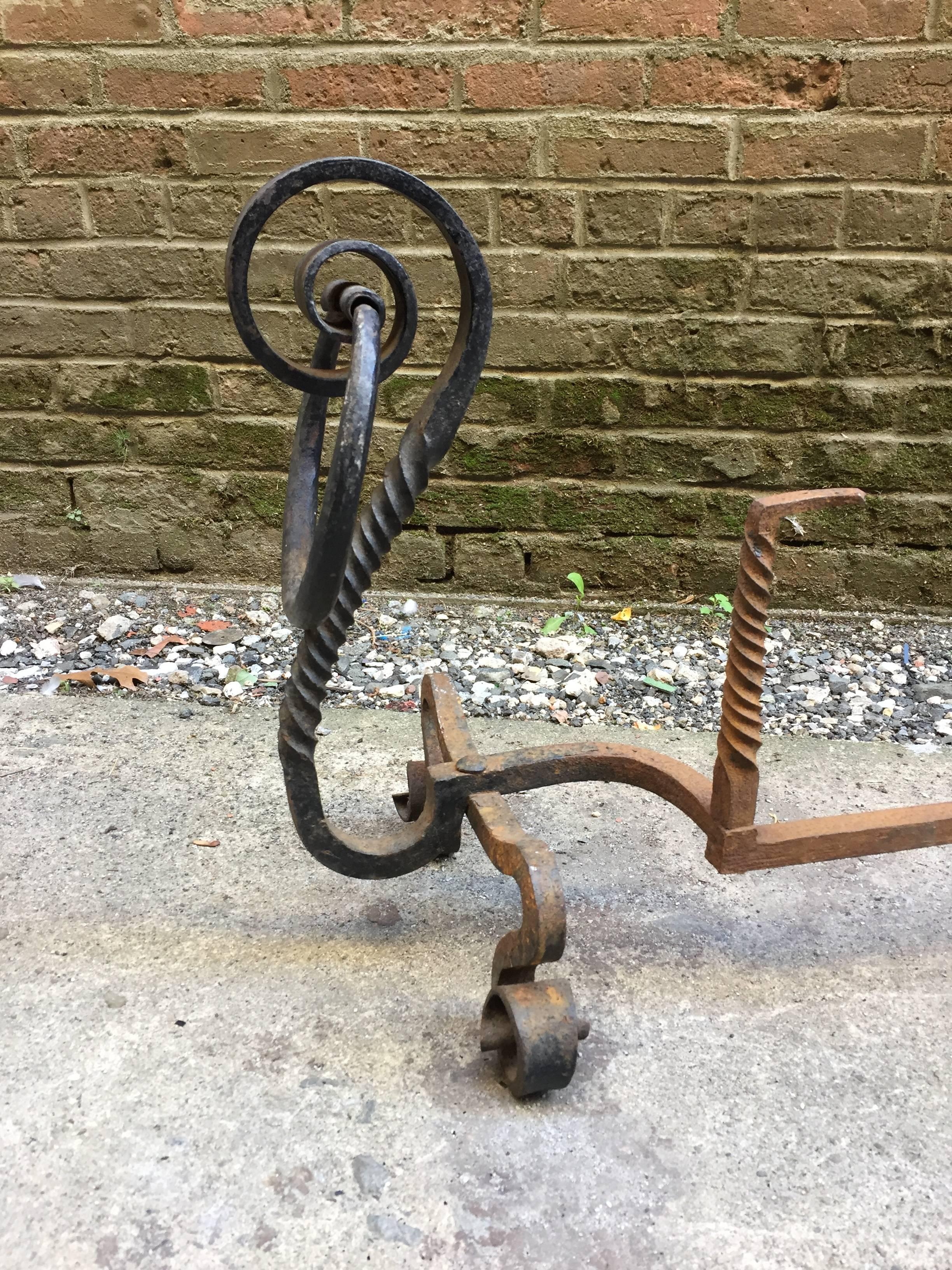 Late 19th Century Pair of Early American Serpentine Scrolled and Twisted Andirons