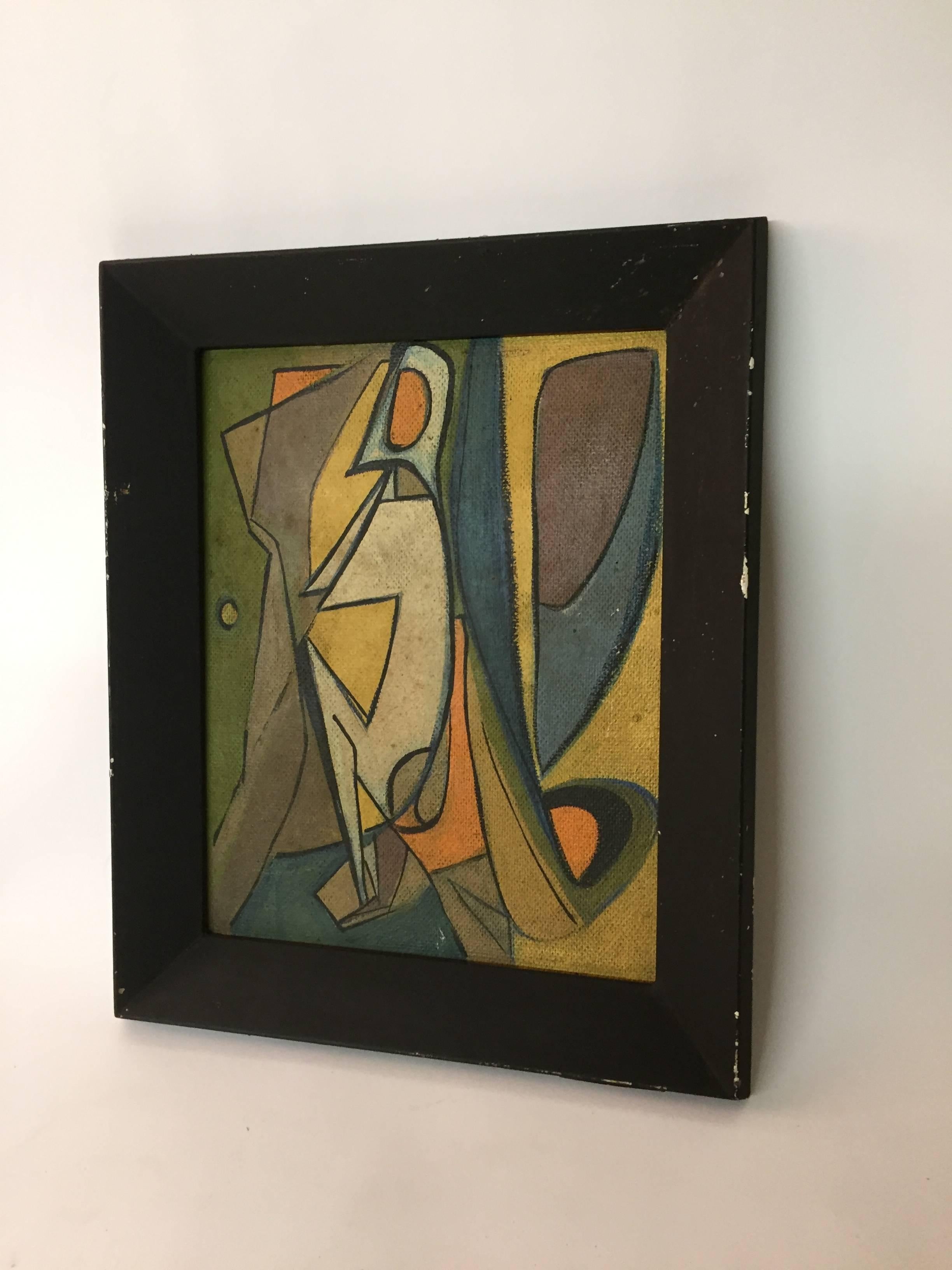 Few words can describe the impact of this powerful painting. Simple yet expressive line and large segments of flat color make this piece. Unsigned. The artist has rendered an abstracted female nude. Oil on masonite board. Overall measurements with