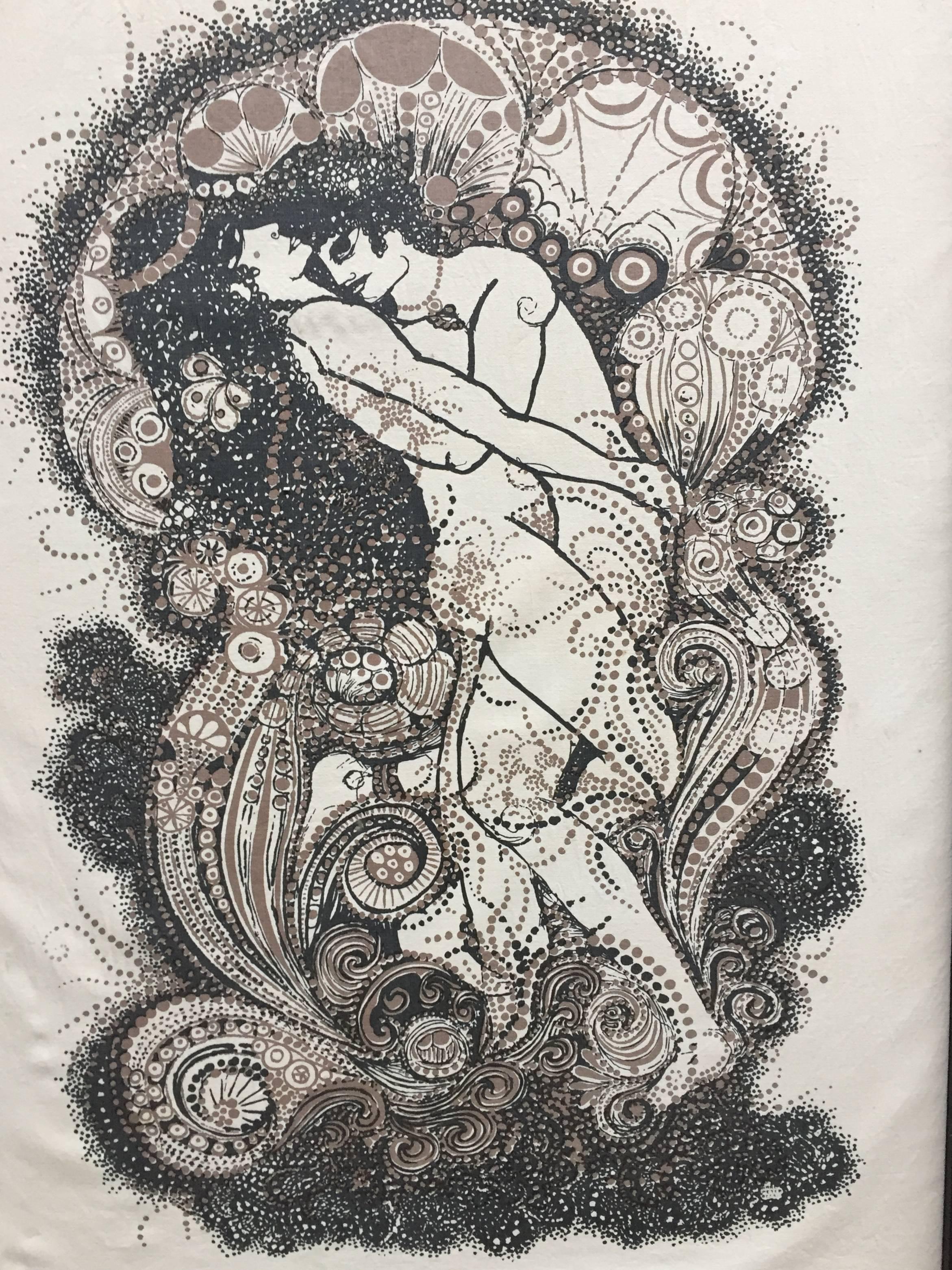 Large and impressive monochromatic silkscreen printing of two embracing lovers, circa late 1960s. Signed in the print, Karl Peter. Very good, original condition. The sight measurements are 42