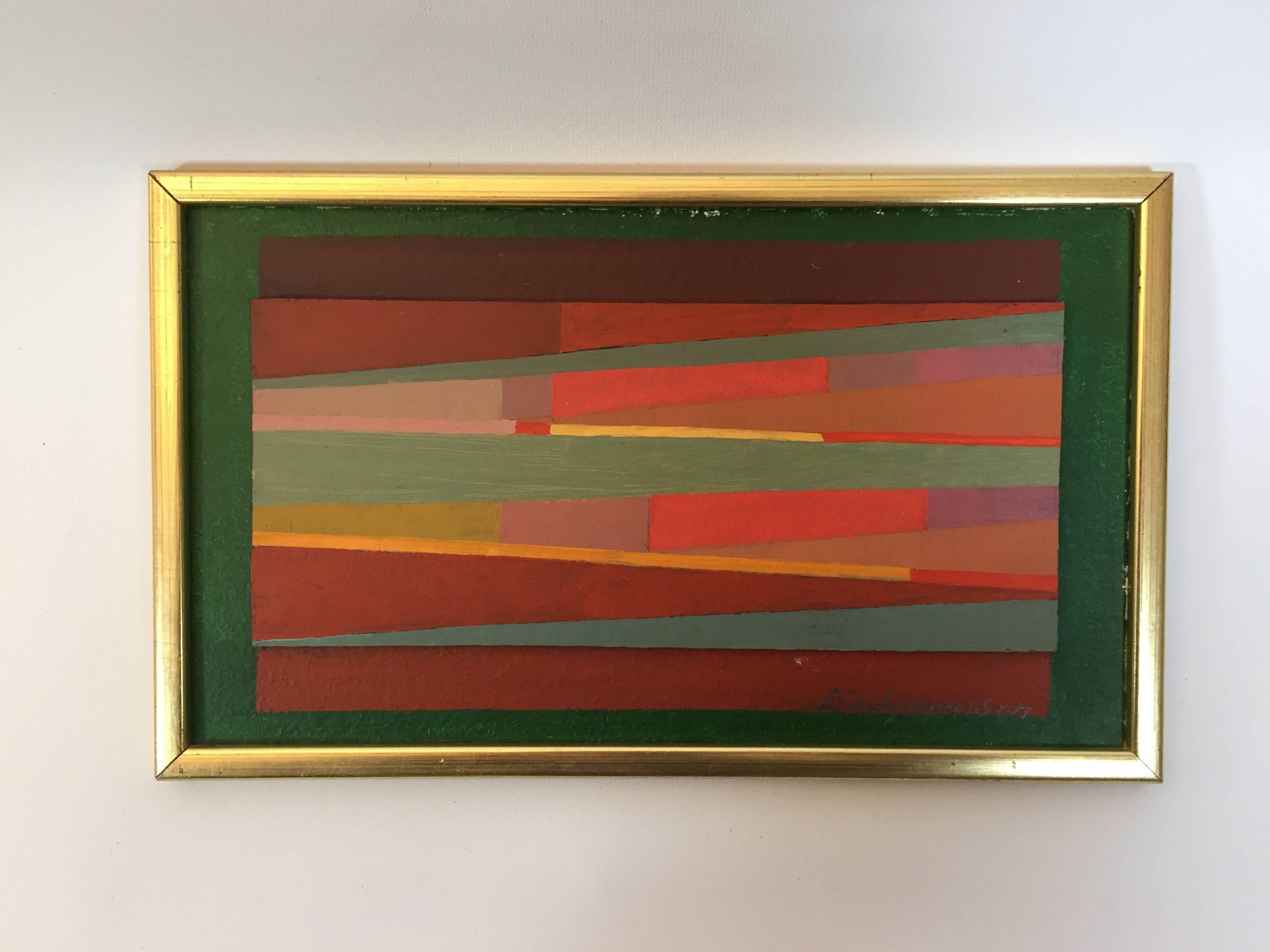 Nice oil paint on Masonite by Swedish modern artist, Torsten Esbjornsson, (1925-2012). Fully inscribed and dated on verso and signed in pencil lower right, Esbjornsson.

Framed in a simple gilded wood molding. Overall dimensions are 12