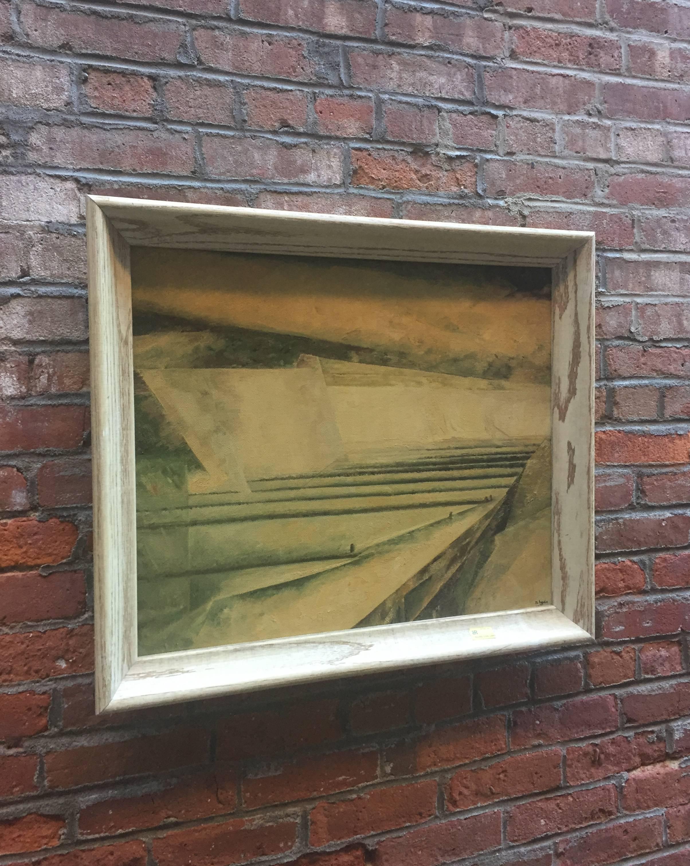 Oil paint on canvas. Signed and dated lower right, N. Hyde, 1957. The artist has shown great depth on a two dimensional surface. The artist has rendered an area in the foreground that looks to be a stepped surface and a great walled area in the
