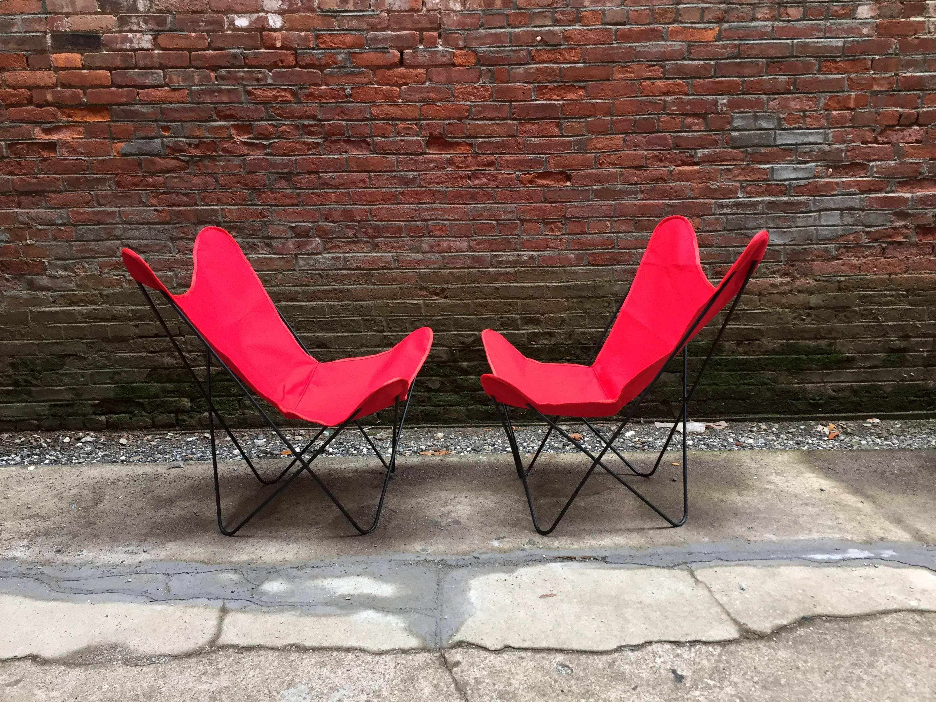 Old BKF iron frames with new Vermillion duck cloth sling seat covers. Clean and room ready, circa 1950. 

Measures: 36