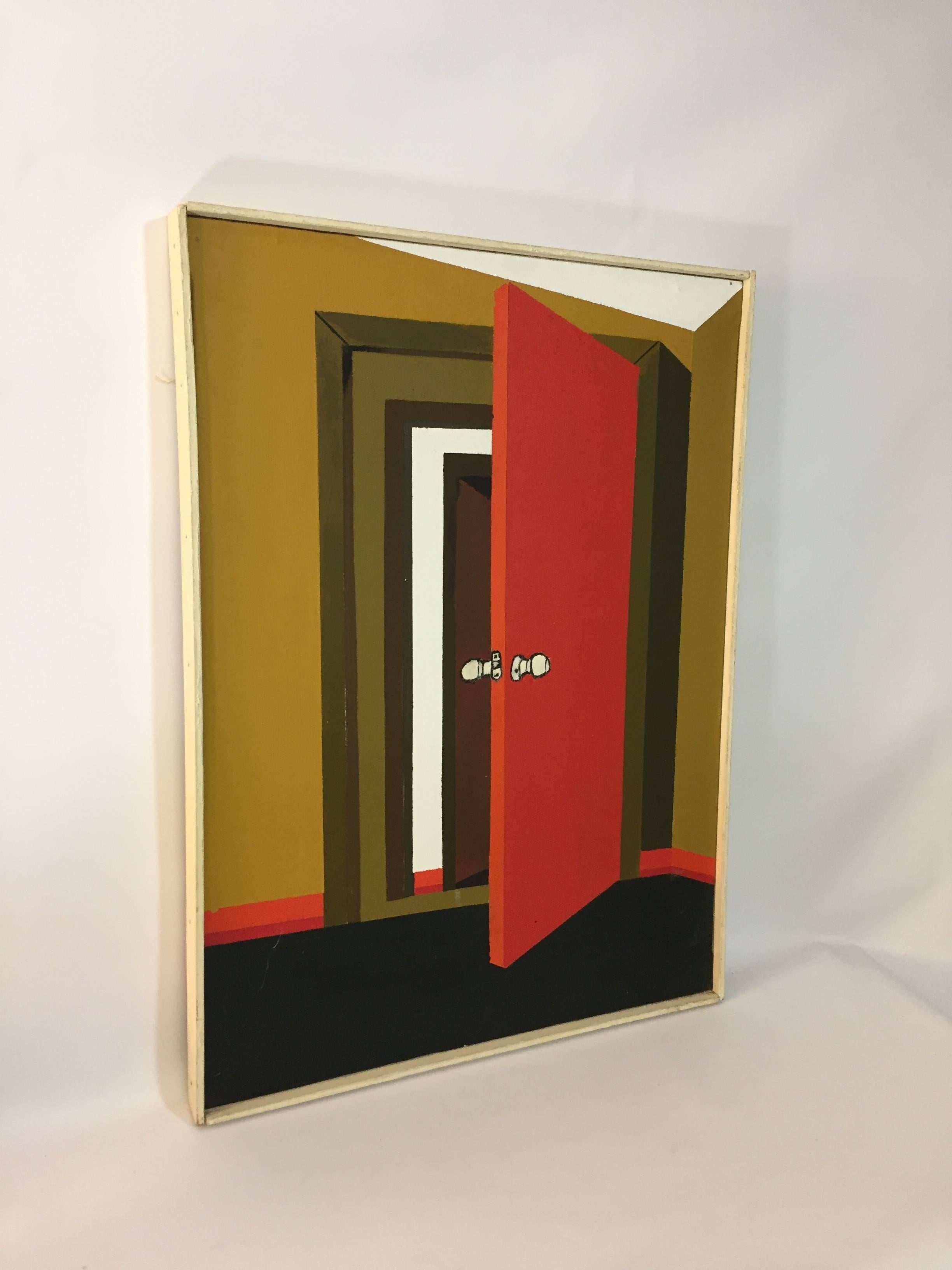 Multiple portals visually draw you into this work of art. Signed Eric Rosedale twice on wood stretcher, circa 1970. 

Framing treatment consists of a simple flat profile molding painted white. Canvas measures 20