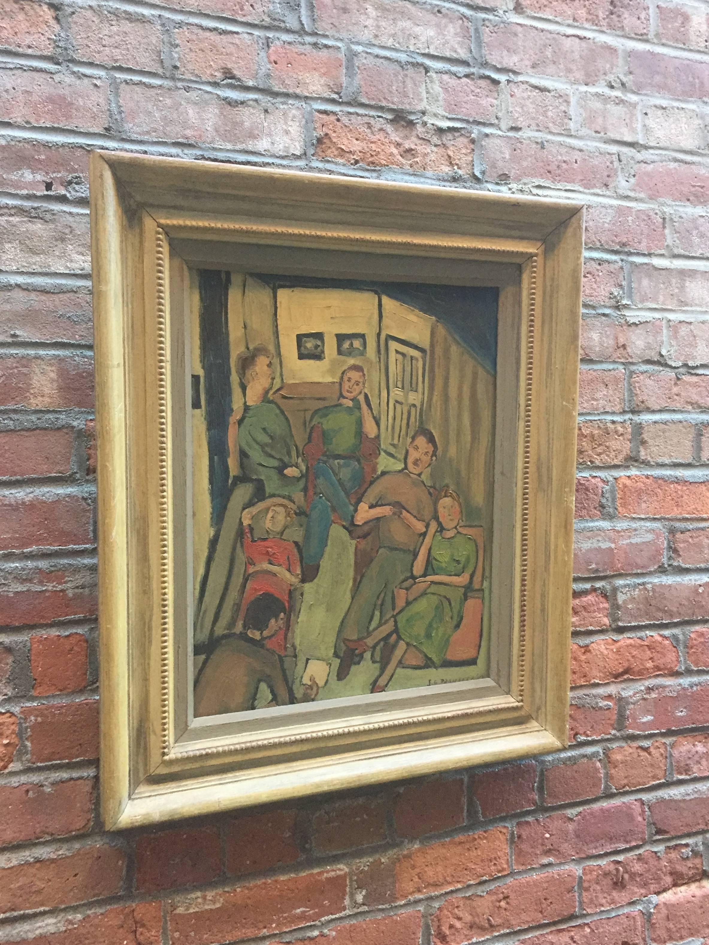 Wonderful New York School late 1940s oil painting on canvas board. Entitled verso, "The Reading" and numbered. Signed and lower right corner, JE Bromberg '47. Expressive brush work. Six seated, resting figures quietly listen to the reader