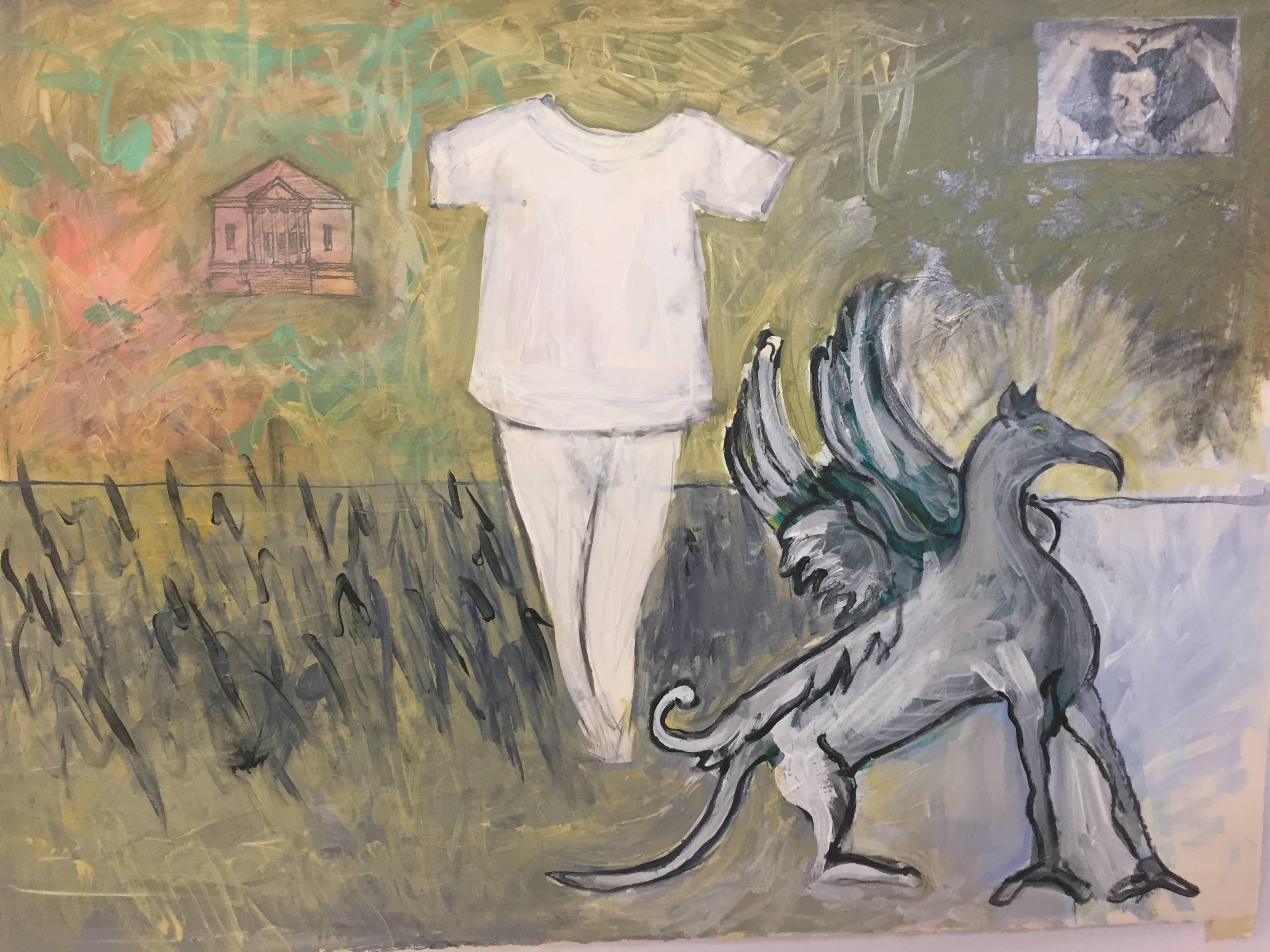 Wonderful acrylic paint on paper by contemporary artist, Robert Culicover. Signed, dated and titled verso, Robert Culicover, Meditation or Griffin 1989. Culicover uses collage, expressive brushwork and neoclassical themes in his paintings. 

Robert