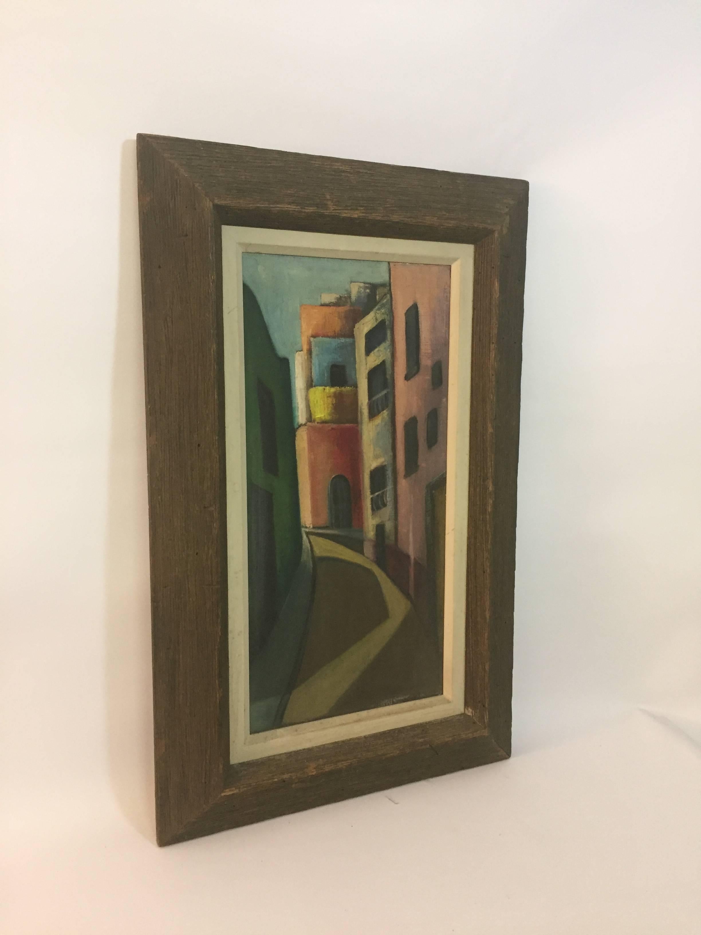 Vibrantly colored remote city street scene, circa 1950. Unsigned. The medium is oil paint on canvas. The artist has rendered cheerfully painted building facades, but the long shadows they produce are eerie.

Framing treatment consists of a