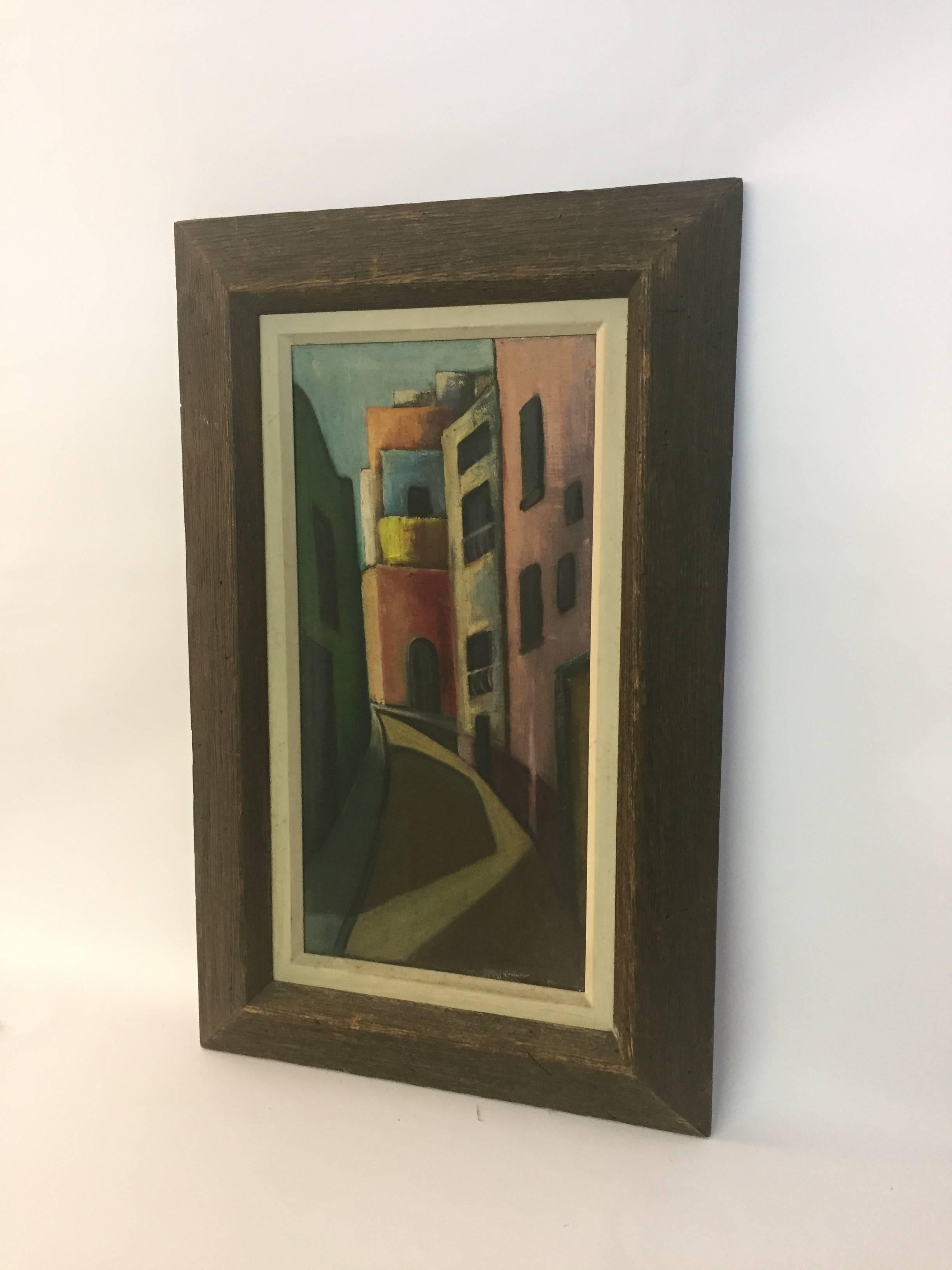 Mid-Century Modern 1950s Modernist Street Scene Painting