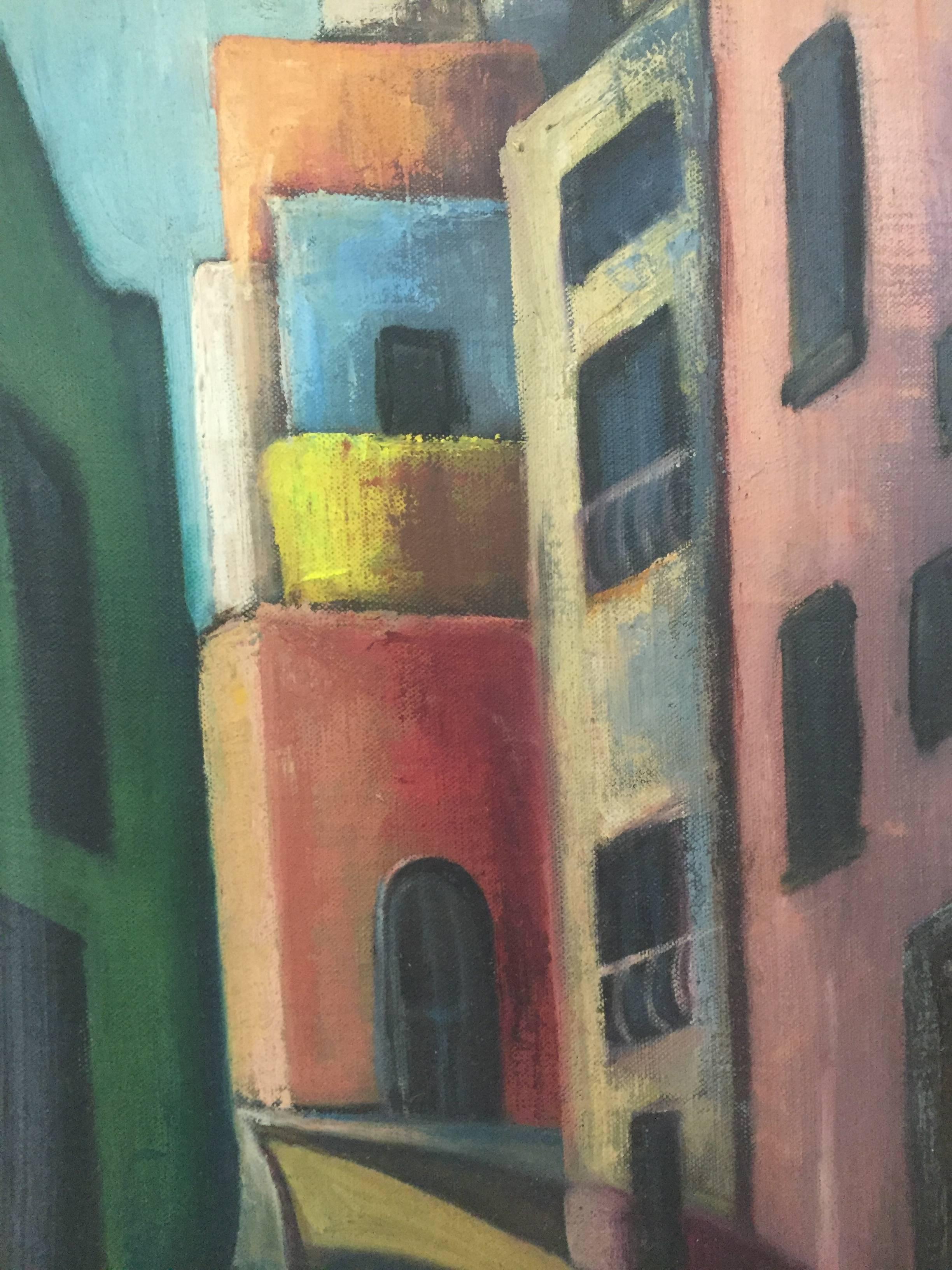 American 1950s Modernist Street Scene Painting