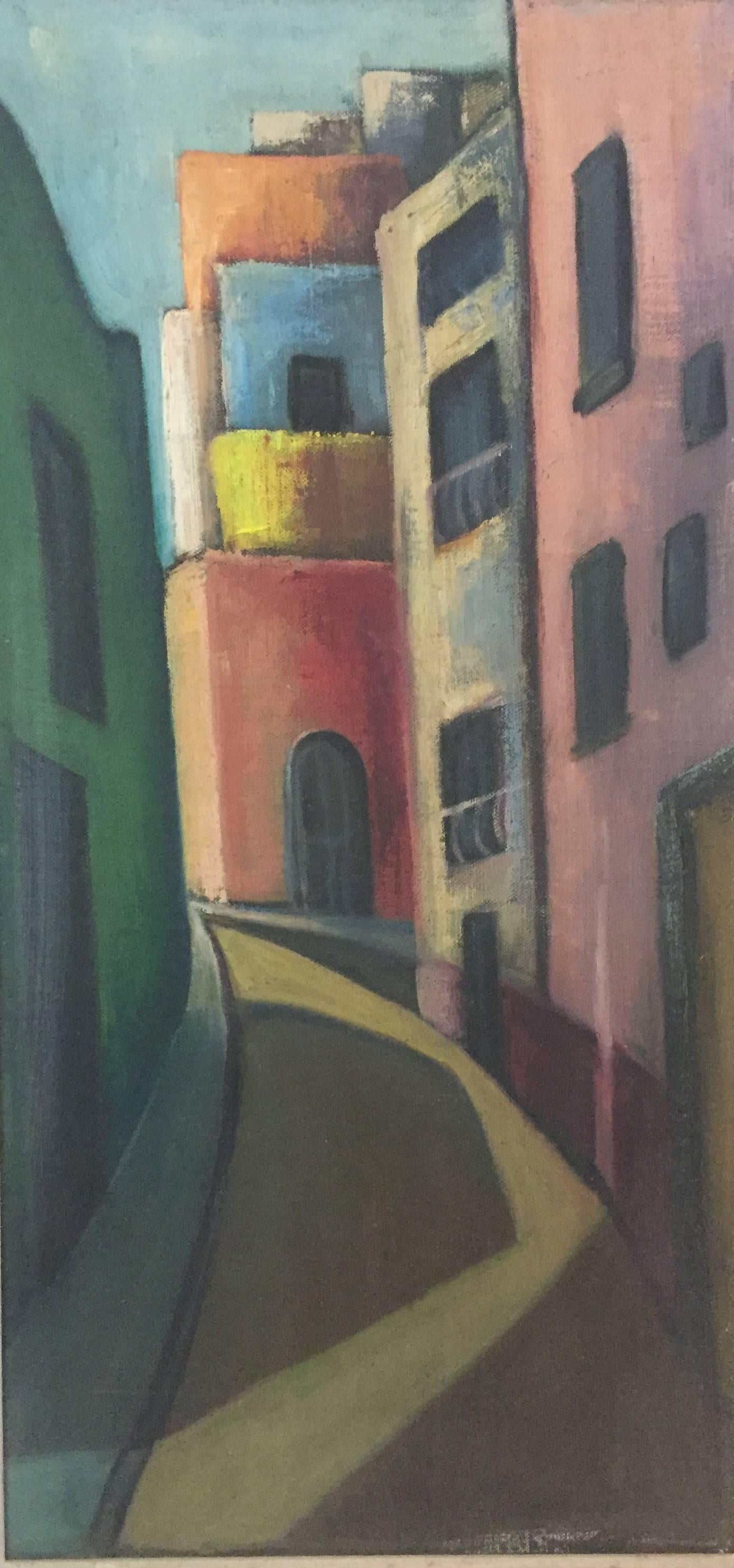 Mid-20th Century 1950s Modernist Street Scene Painting
