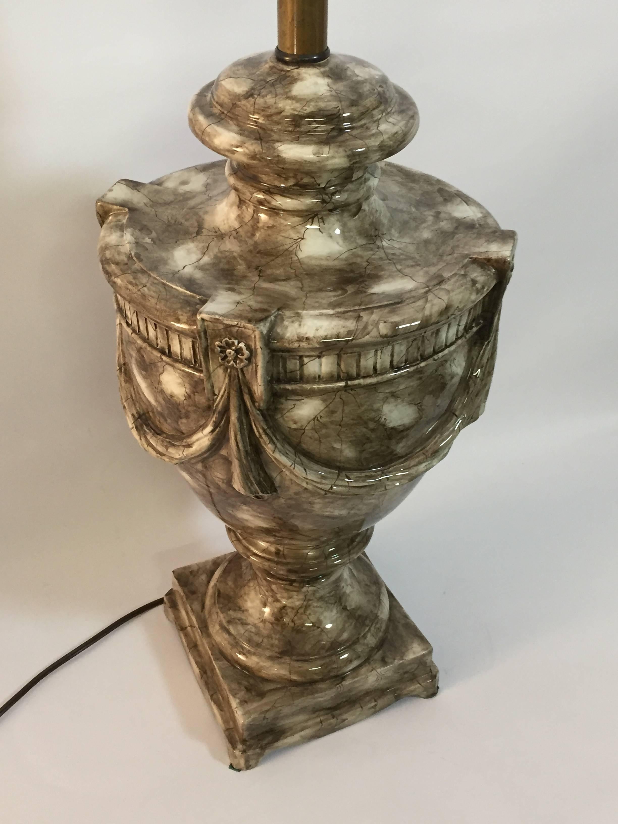 Italian Marbelized Ceramic Swagged Urn Lamp In Excellent Condition In Garnerville, NY