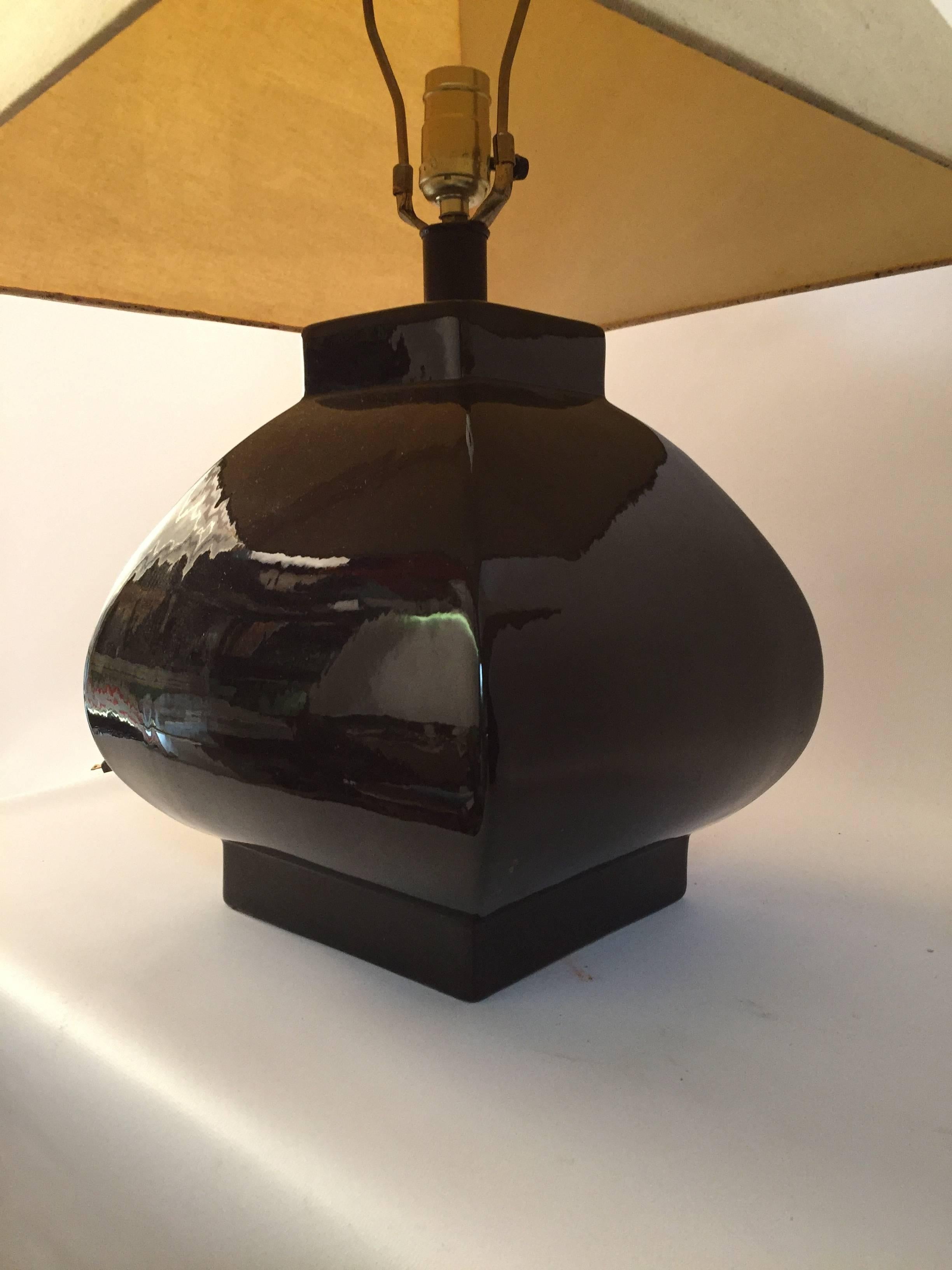 Glazed Pair of Gloss Black Ceramic Lamps