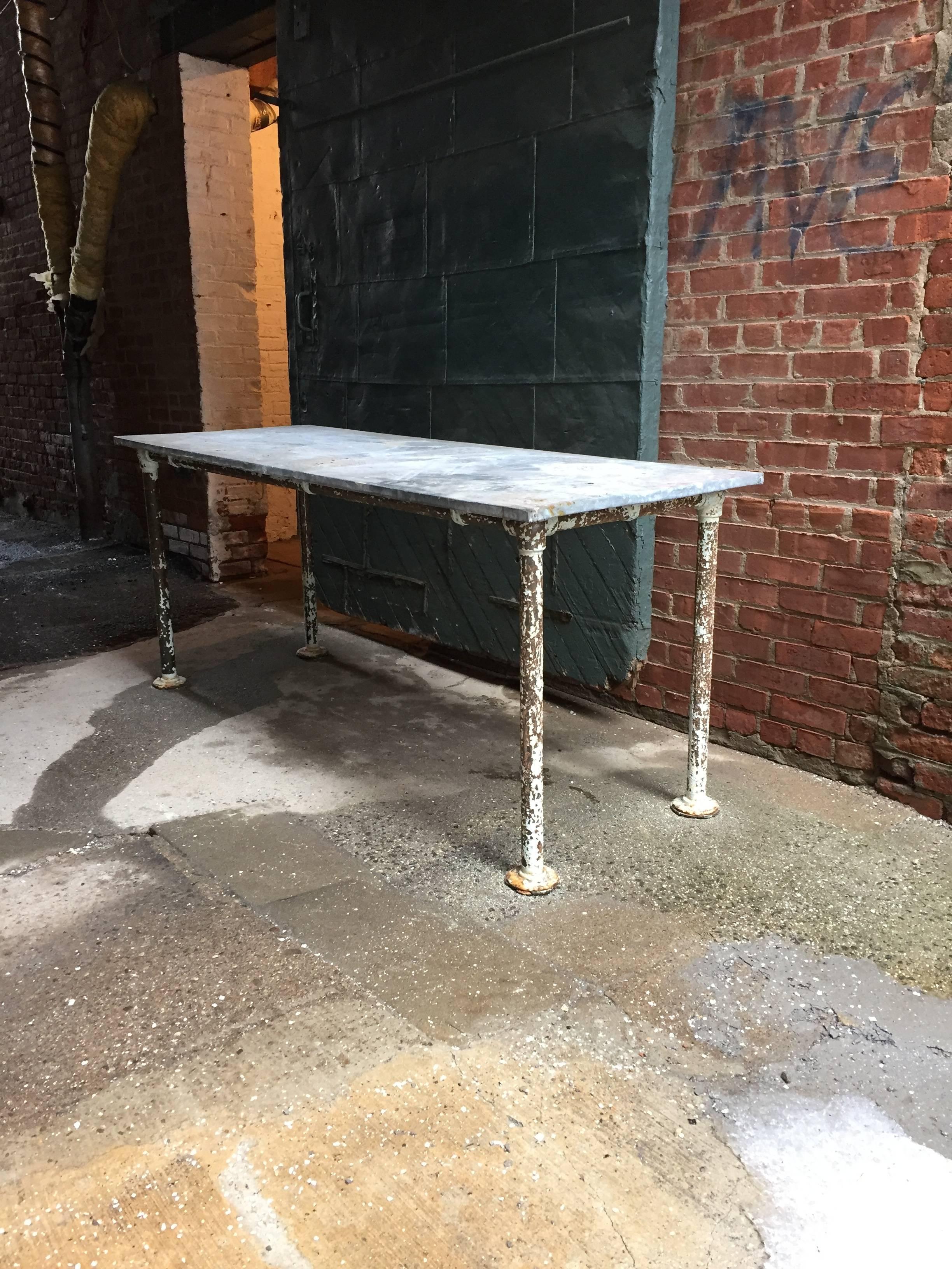 Schoolhouse Galvanized Zinc and Steel Work Table In Distressed Condition In Garnerville, NY