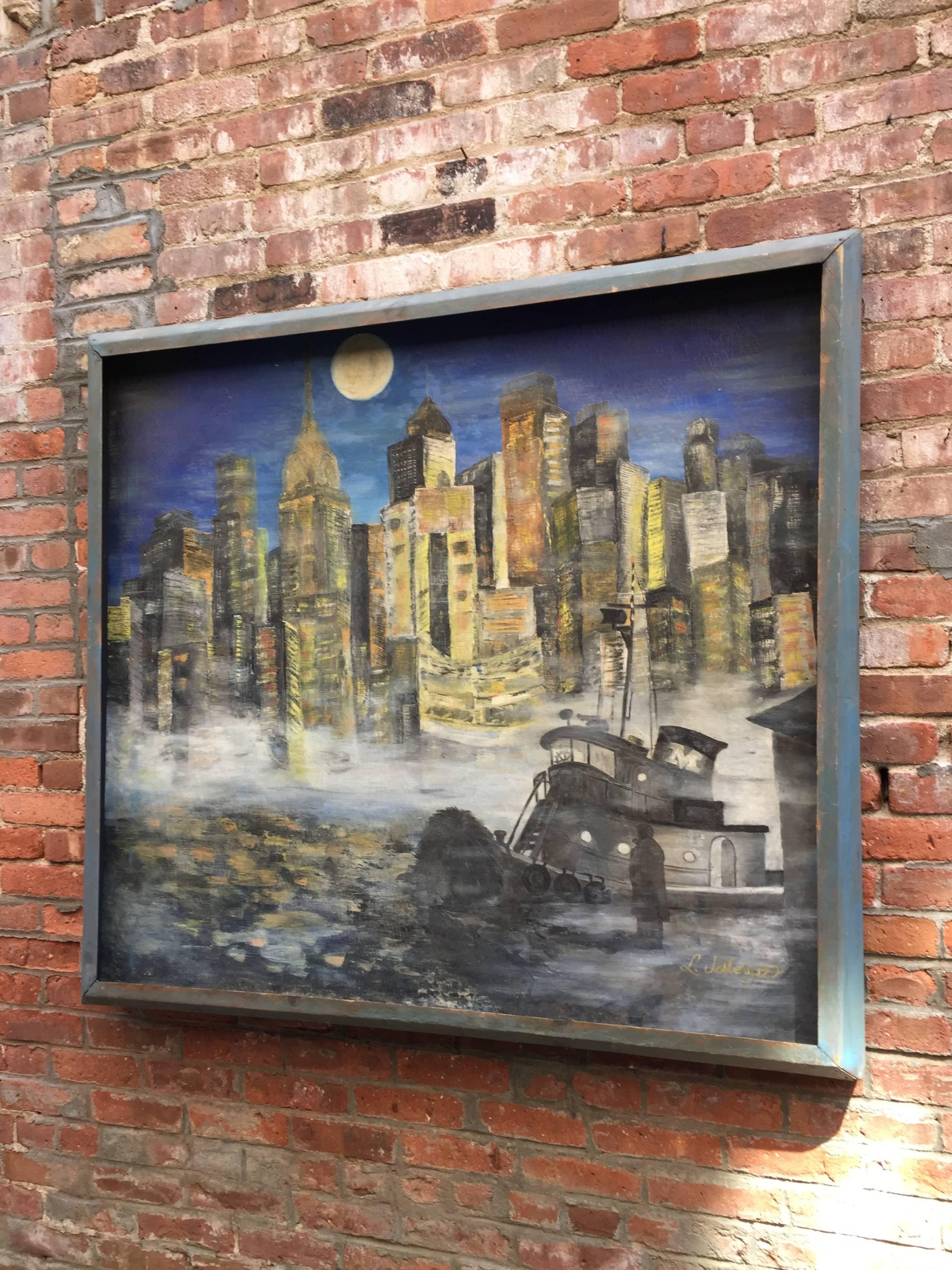 The oil on canvas is signed, L. Jesberger, lower right, has an amazing noir feel to it. The moored tugboat and Silhouette figure in the foreground are juxtaposed with the highly illuminated background of the city with the full moon above. The rough