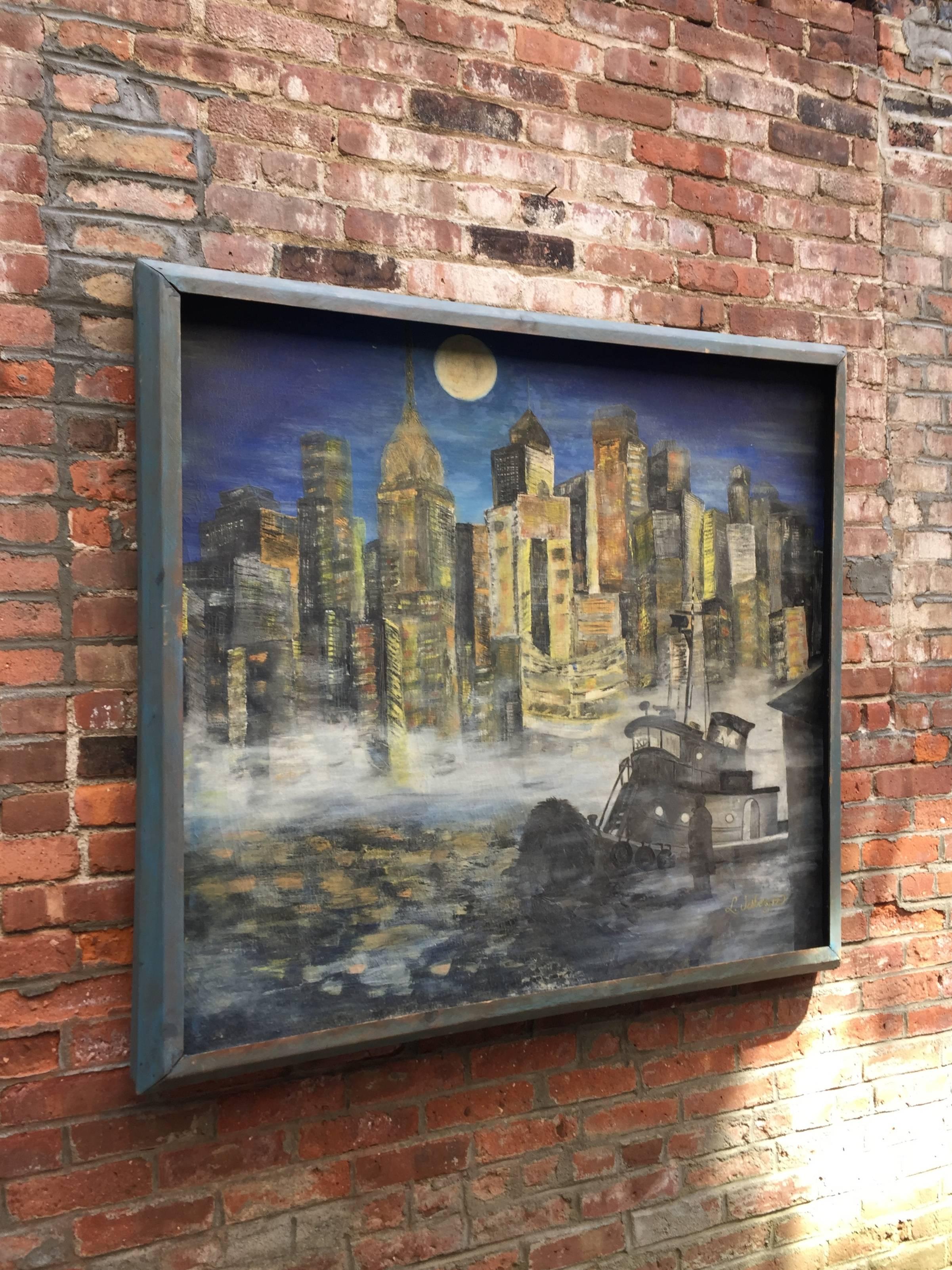Mid-Century Modern 1960s NYC East River Cityscape Painting For Sale