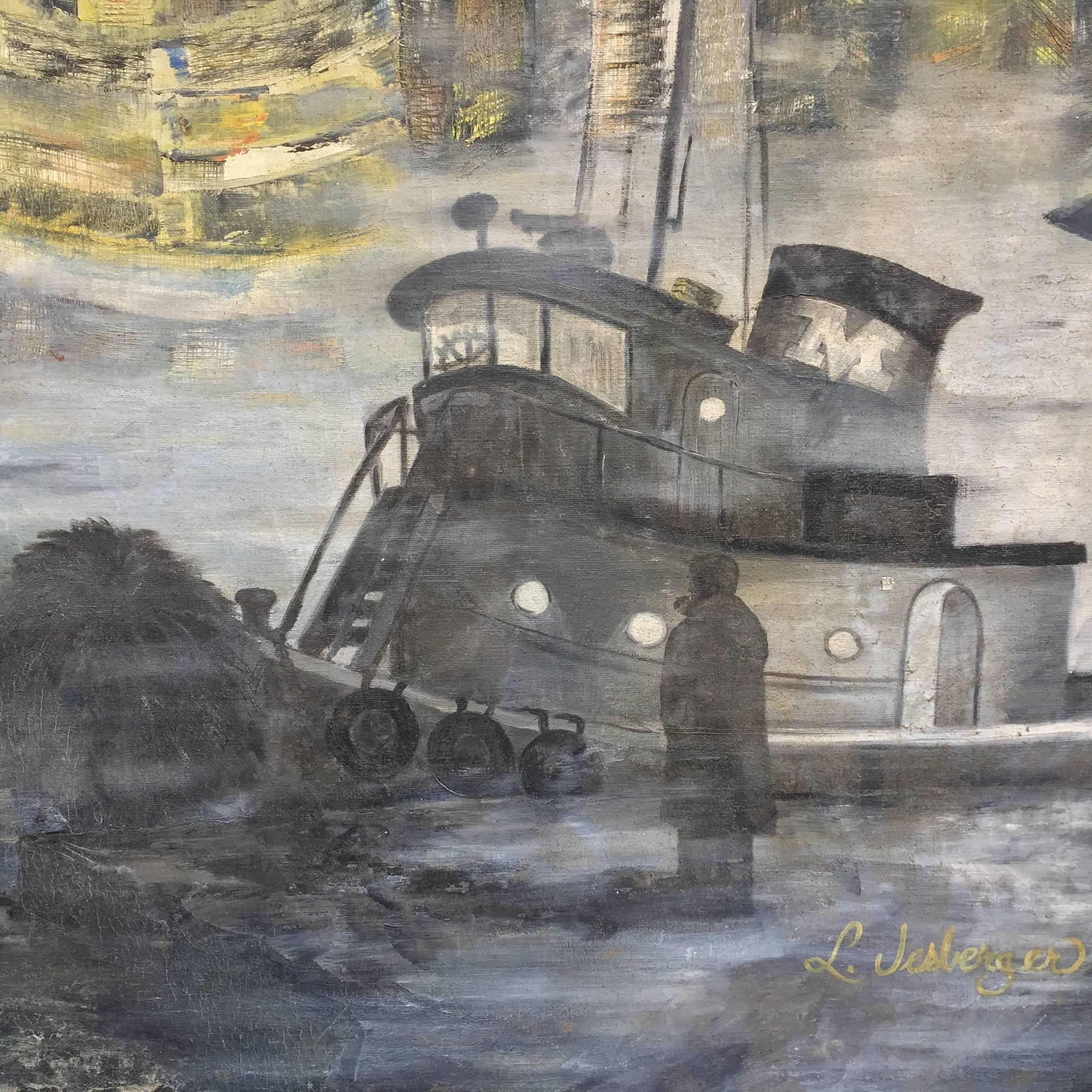 Pintura del paisaje urbano del East River de Nueva York de los años 60 en Bastante bueno estado para la venta en Garnerville, NY