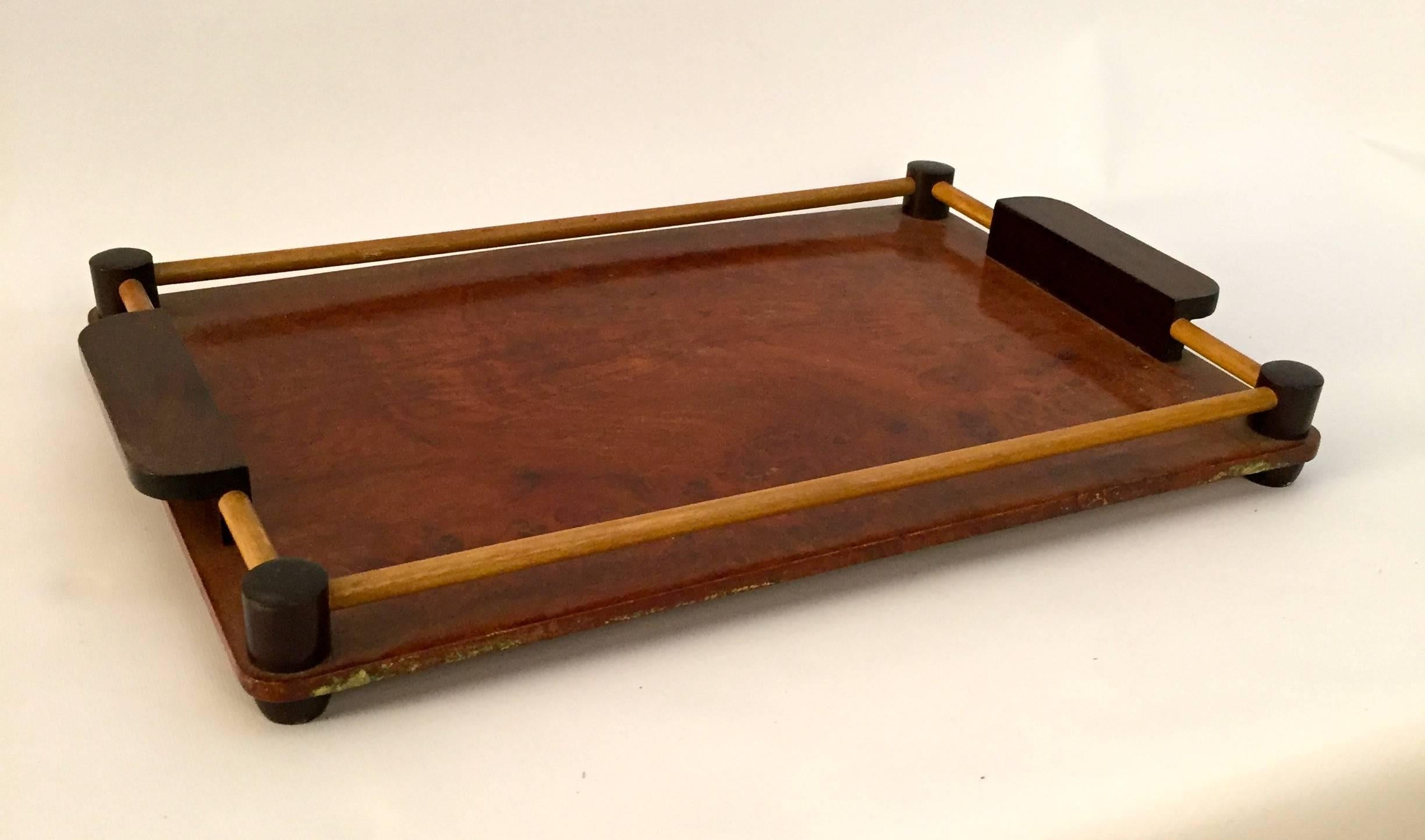 French Art Deco Rosewood and Walnut Burl Serving Tray